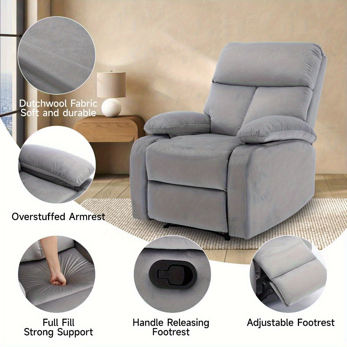 Manual Recliner Chair for Adults, Small Recliners for Small Spaces, Lazy boy Recliner Sofa Velvet Reclining Chairs for Living Room, RV, Bedroom, Gray