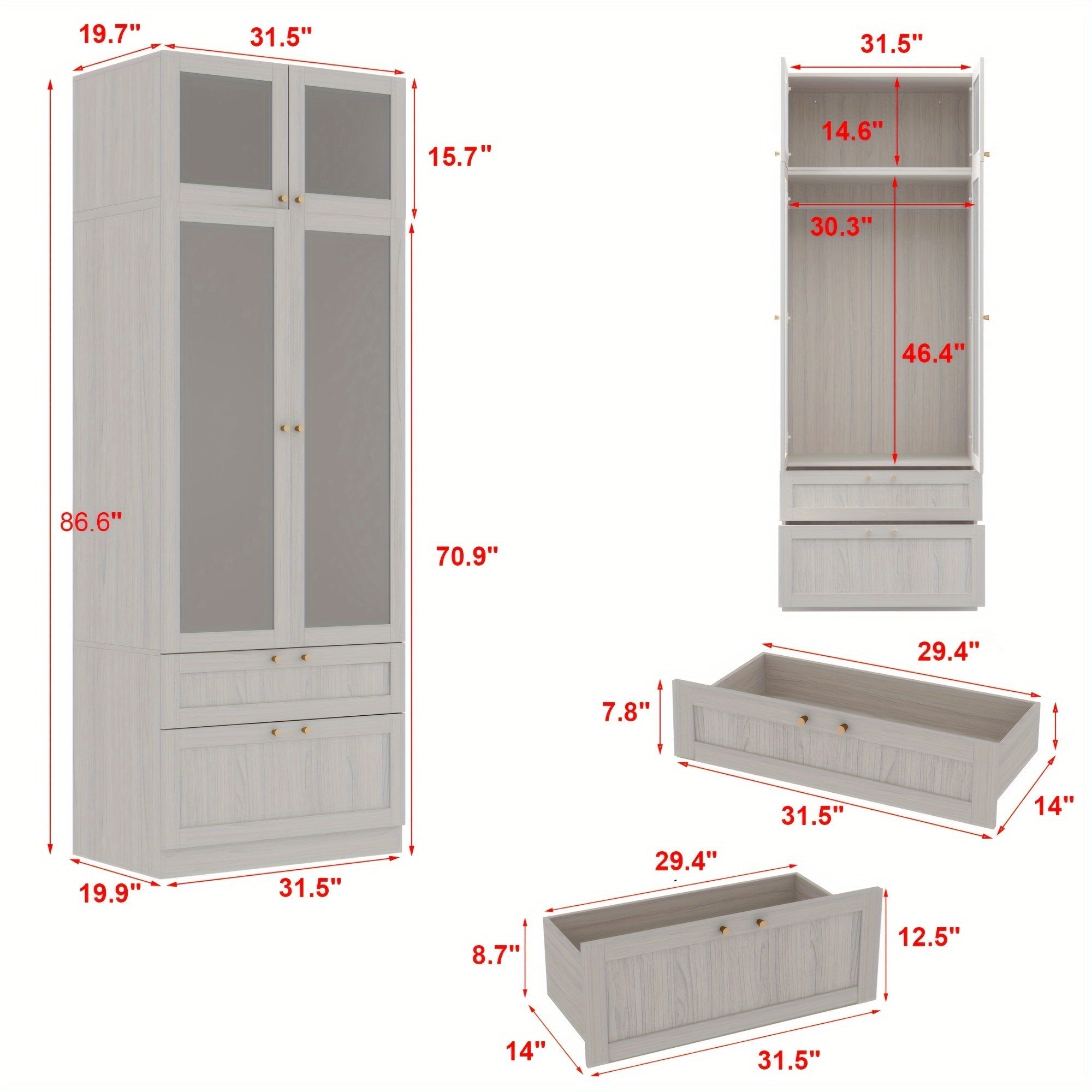 1pc Wardrobe Closet With Frosted Glass Doors, Hanging Bar & 2 Drawers, Bedroom White Wooden Closet Storage Cabinet, 31.5X19.88X70.87inch, Frosted Glass Appears To Be Transparent But Not Transparent, With A Top Cabinet, Side C