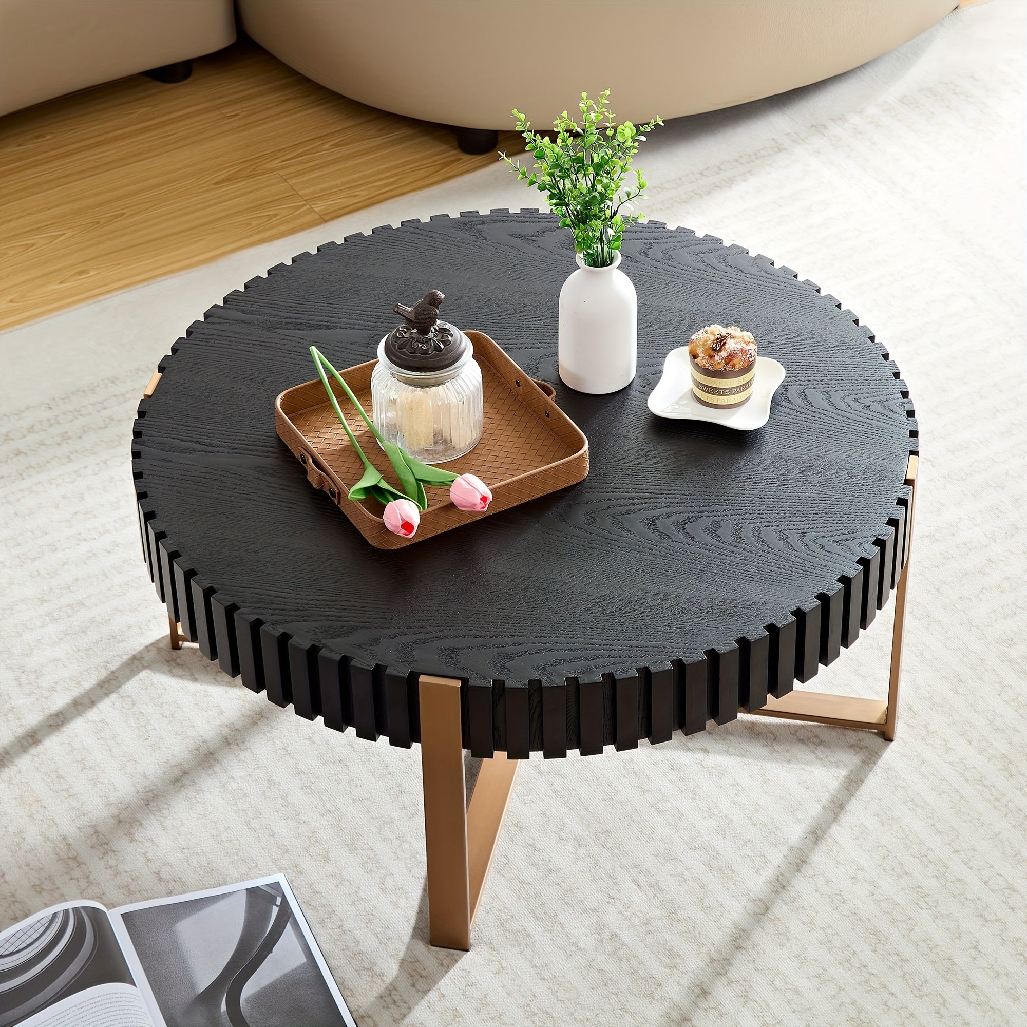 Modern Handcraft Drum Coffee Table 31.5 Inch Round Coffee Table For Living Room, Small Coffee Table With Sturdy Pedestal, Black