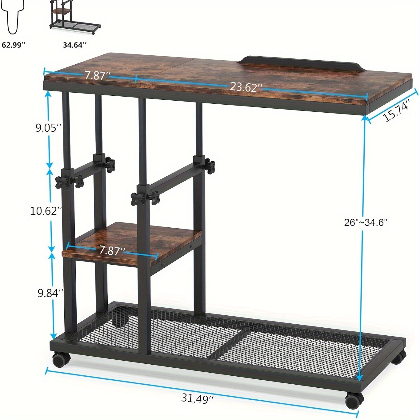 Height Adjustable C Table with Wheels, Mobile Couch Snack Side Table with Tiltable Drawing Board, Sofa Bedside Laptop Stand C Shaped TV Tray with Storage Shelves