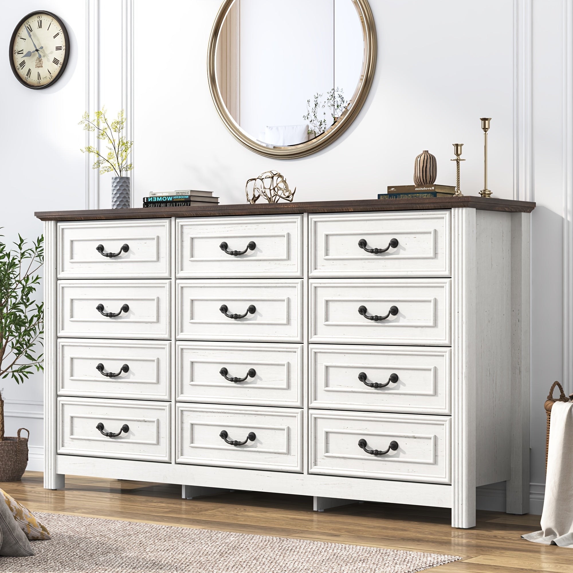 Spacious 160cm Wide Rustic Farmhouse Dresser with 12 Drawers - Vintage Wooden Chest of Storage Natural Textured Finish