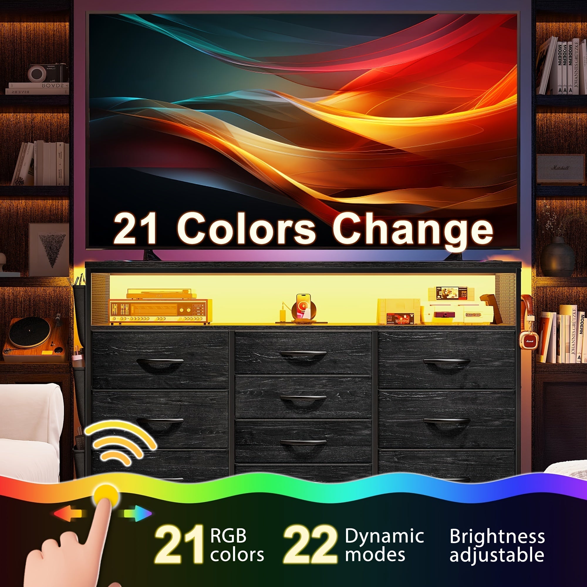 Dresser TV Stand With 10 Drawers For 140cm TV Stand For Bedroom With LED Lights & Power Outlets Wide Dresser