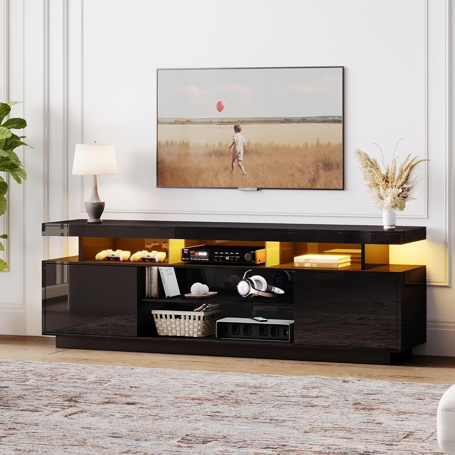 Compact Size Spacious Modern Black Wooden TV Stand with LED Lighting & Ample Storage - Fits Up to 65" TVs, Ideal for Contemporary Living Room, Features 5 Open Shelves & 2 Spacious Cabinets, No Assembly Required, Tv Table for