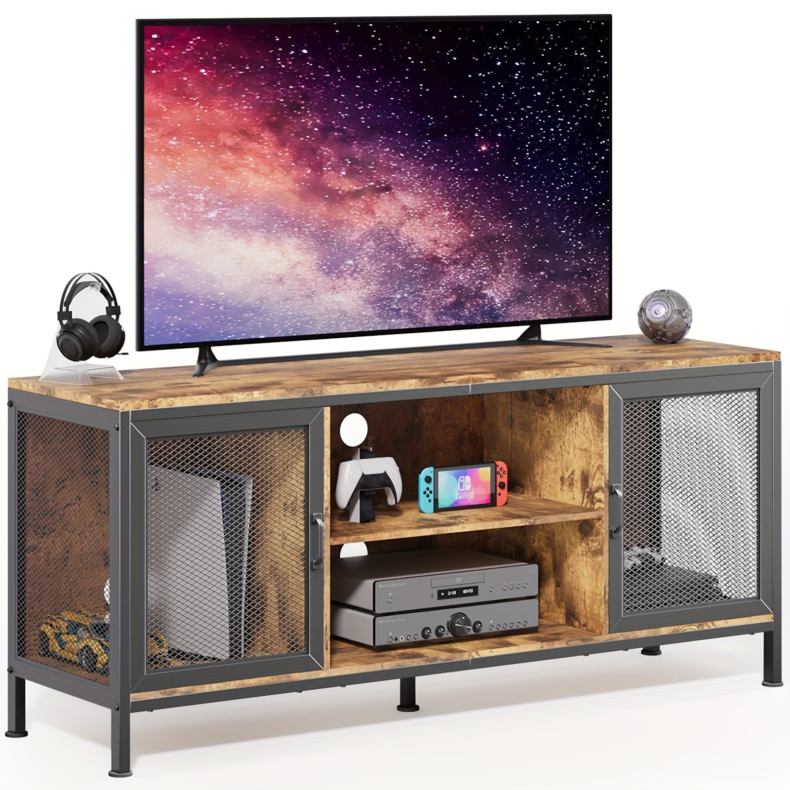 TV Stand For TV Up To 65 Inch With Storage, 3-Tier Wooden TV Console Table With Doors And Shelf, Modern Gaming Entertainment Center For Living Room Game Room Or Home Office