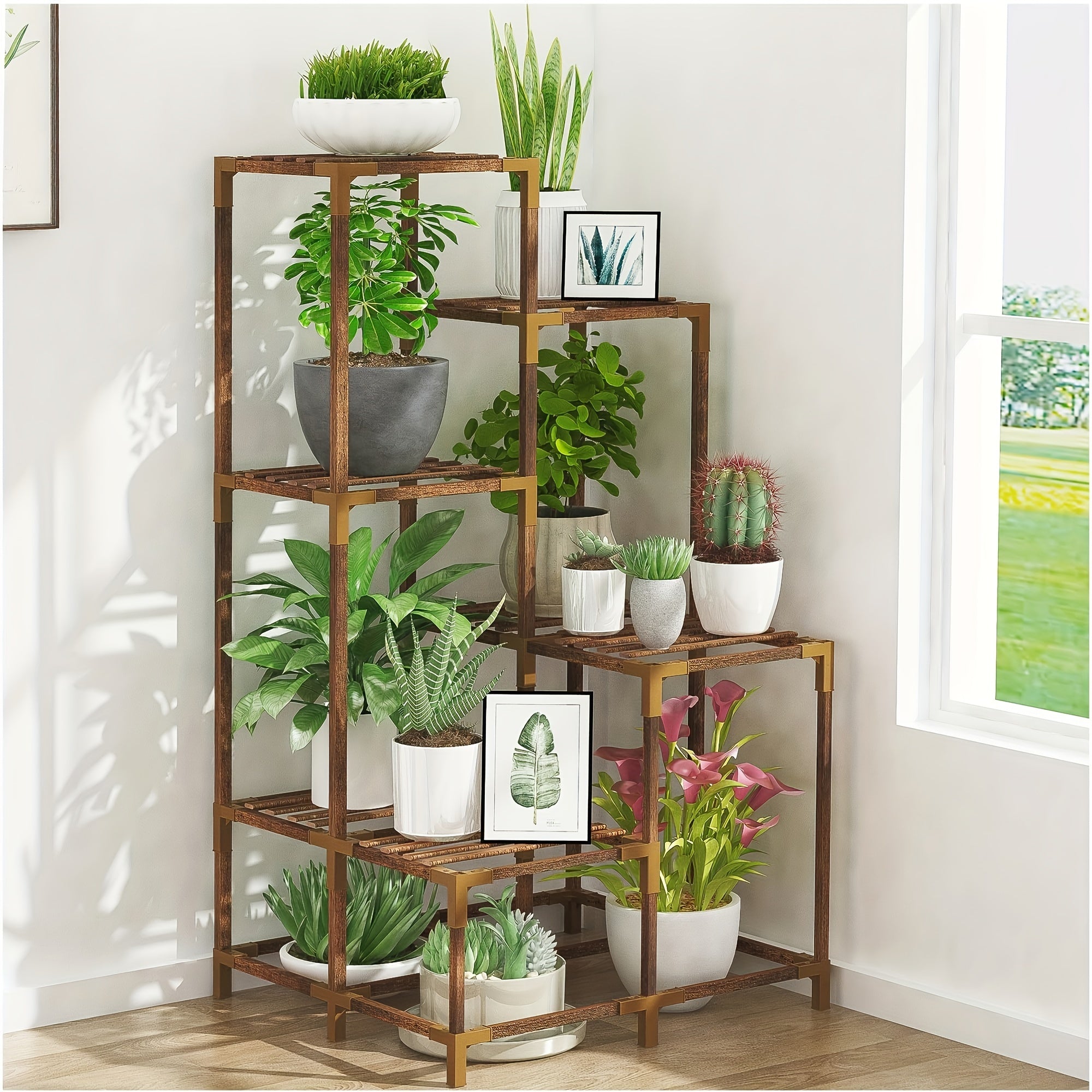 11-Tier Wooden Plant Stand, 40-Inch High Corner Shelf Flower Rack Organizer for Indoor and Outdoor Use - Ideal for Living Room, Patio, Porch Display, Christmas Decorations, Courtyard, Garden, Balcony, Window