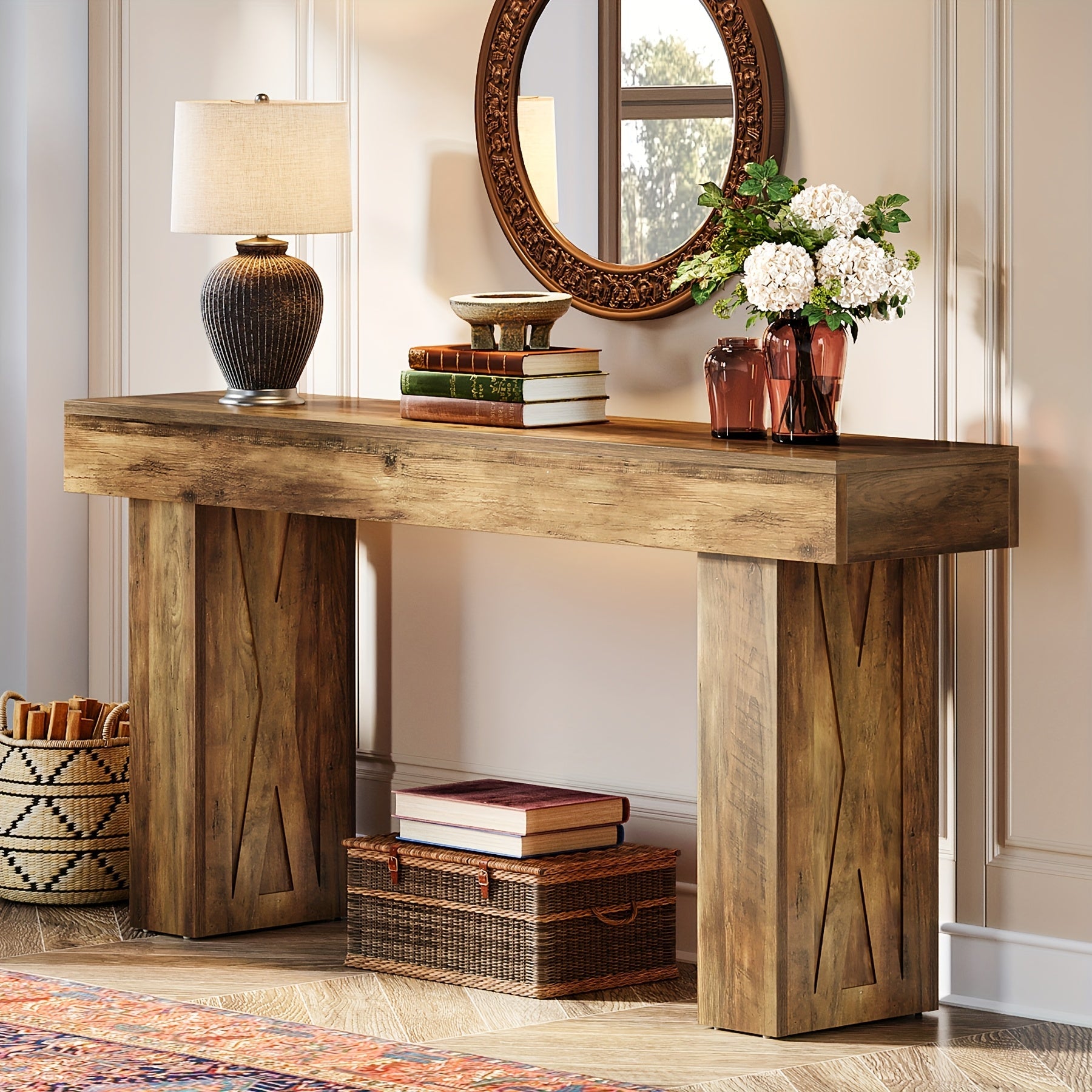 1pc Vintage Style 63-Inch Narrow Long Console Table, Hardwood Material with Particle Board Top, Weather Resistant, Pre-Assembled Sofa Table for Hallway, Entryway, Living Room, Bedroom, Home Office - Wood Color, Living Room Ta