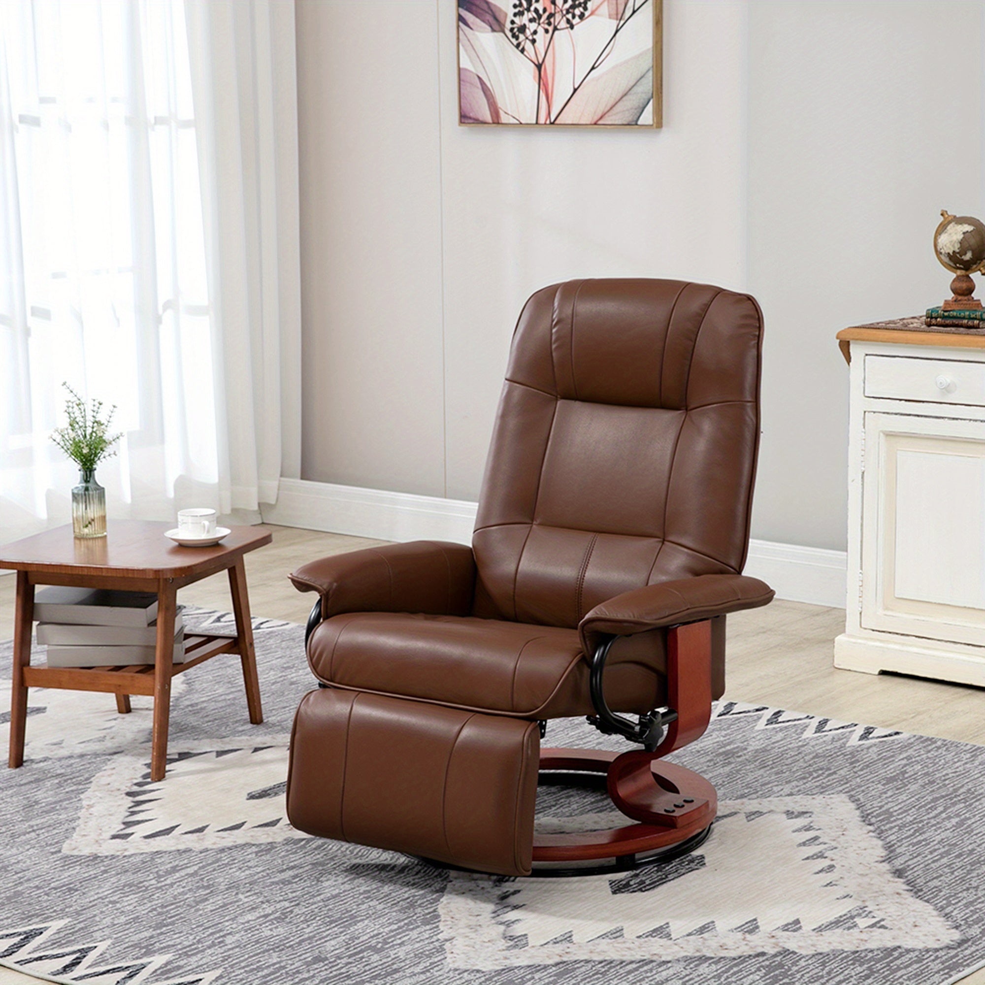 Brown Faux Leather Recliner - Adjustable Swivel Lounge Chair with Footrest, Armrests & Solid Wood Base for Living Room