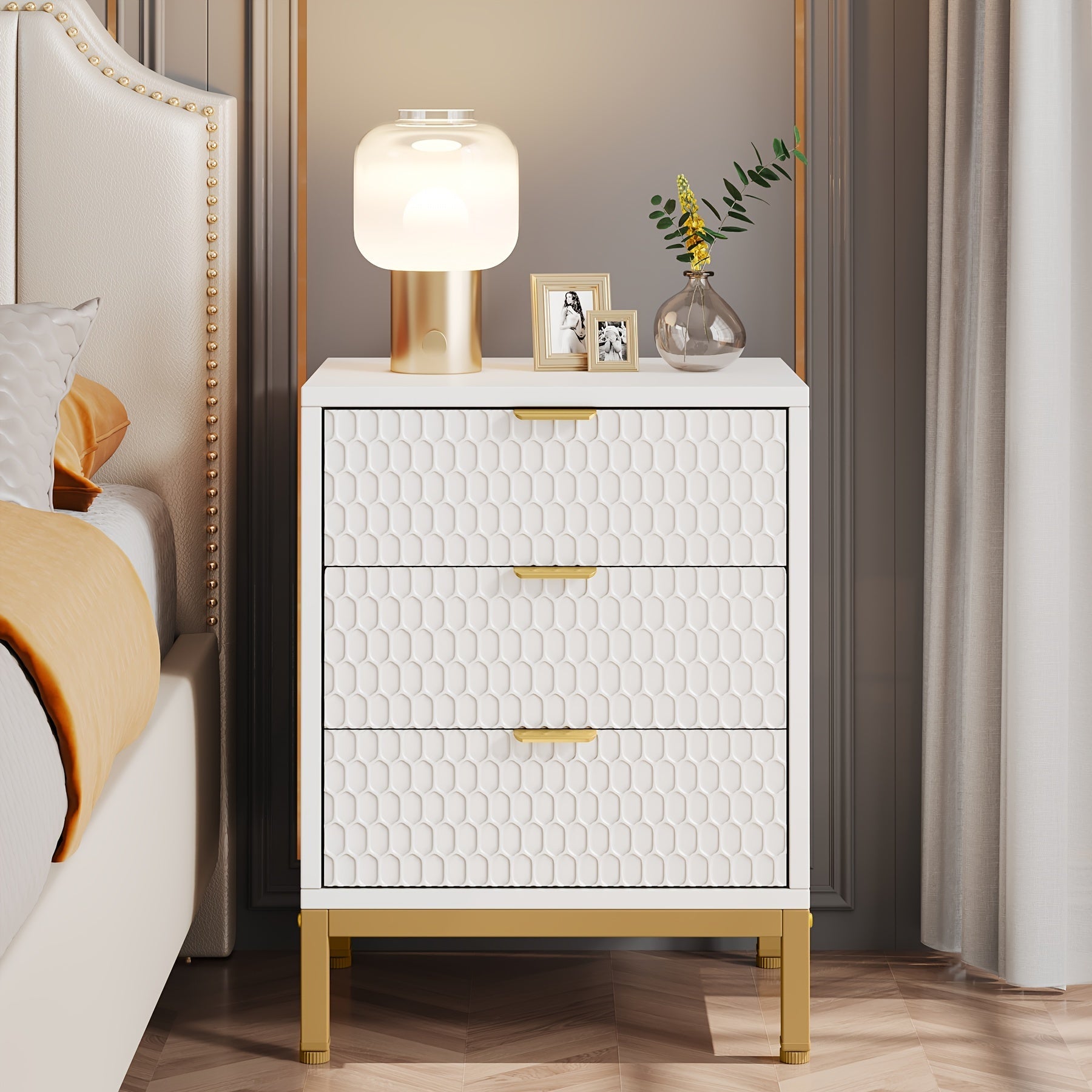 Modern 3 Drawers Nightstand Golden White Bedside Chair Side End Table With Storage For Living Room