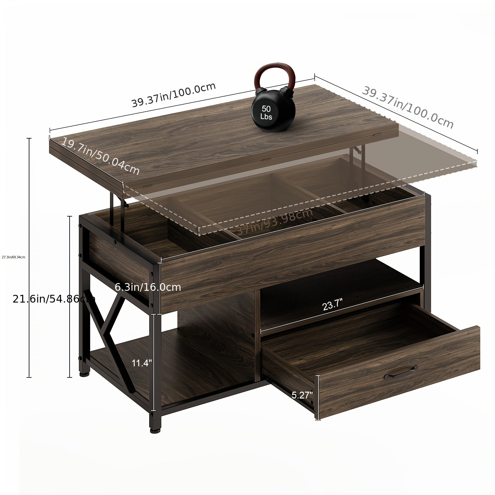 Convertible Lift-Top Coffee Table with Storage, 4-in-1 Multi-Functional Wood Table, Expandable Tiered Shelf Design, Freestanding Rustic Brown, with Hidden Compartment, for Living Room, Dining Room