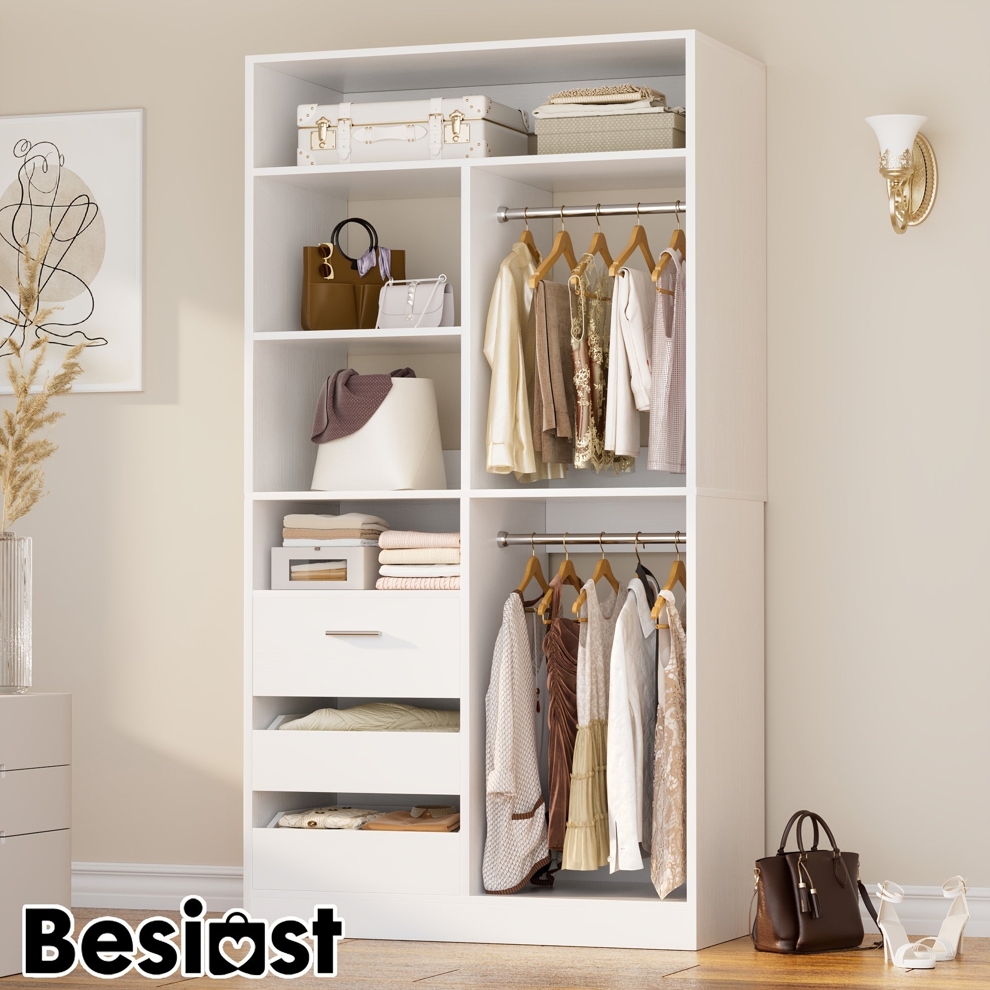 Standalone Wardrobe System with Suitcase Storage Space, 36 Inch Standalone Wardrobe with 3 Wooden Drawers, 80 Inch Height Adjustable Fabric Clothes Rack, Walk-in Closet with 2 Hanging Rods and 6 Shelves