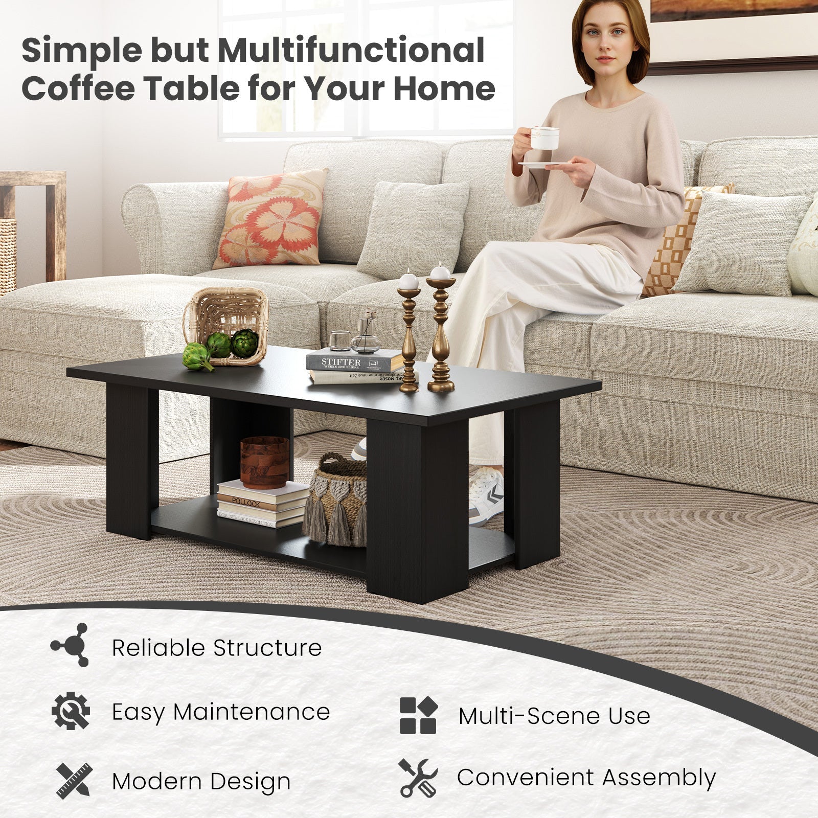 Coffee Table 2-Tier Modern Center Cocktail Table W/Storage Shelf for Living Room - Coffee Tables Westberry Furniture