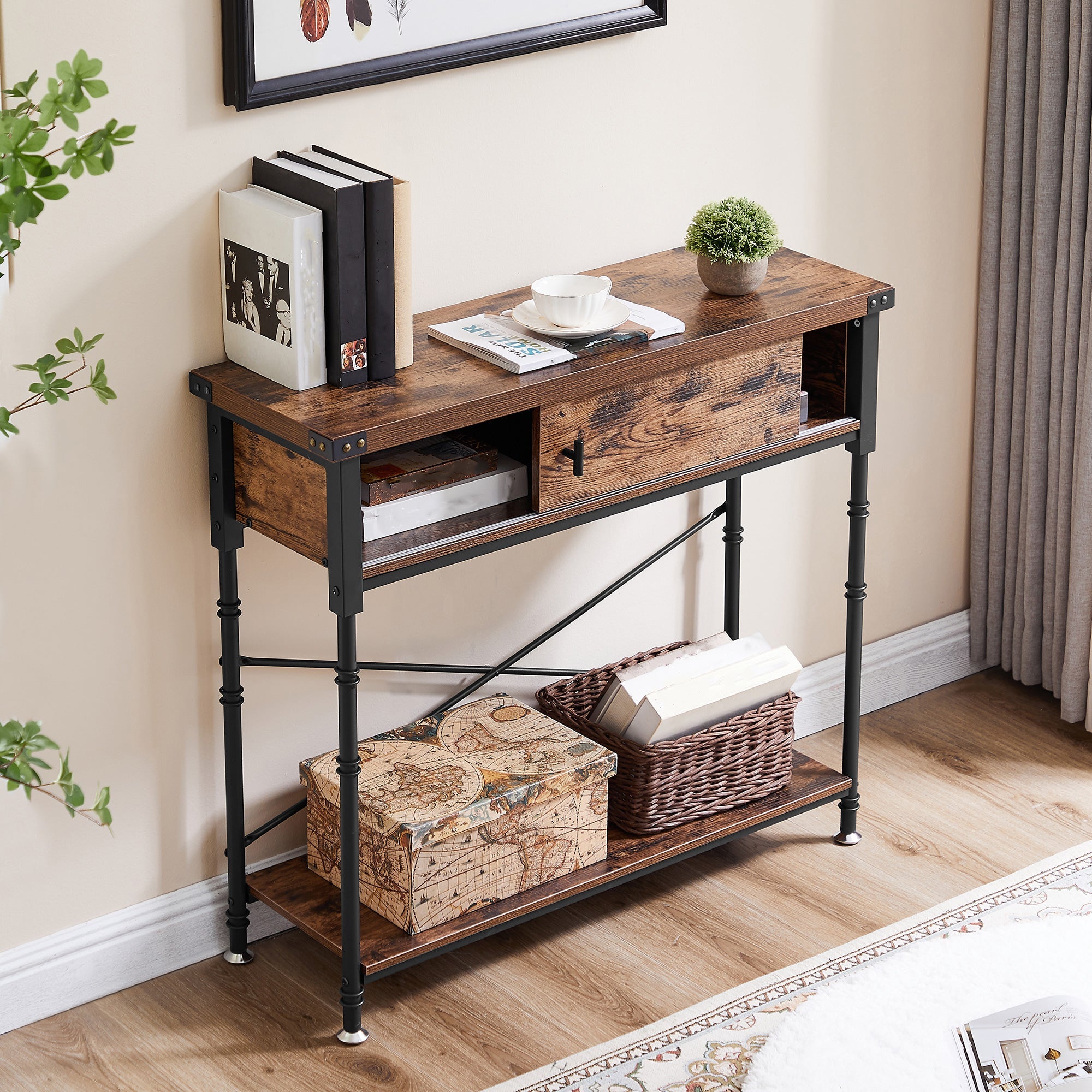 35.4 Inch Console Table with Slide Drawer and Storage Shelf, Stable Metal Frame, Brown