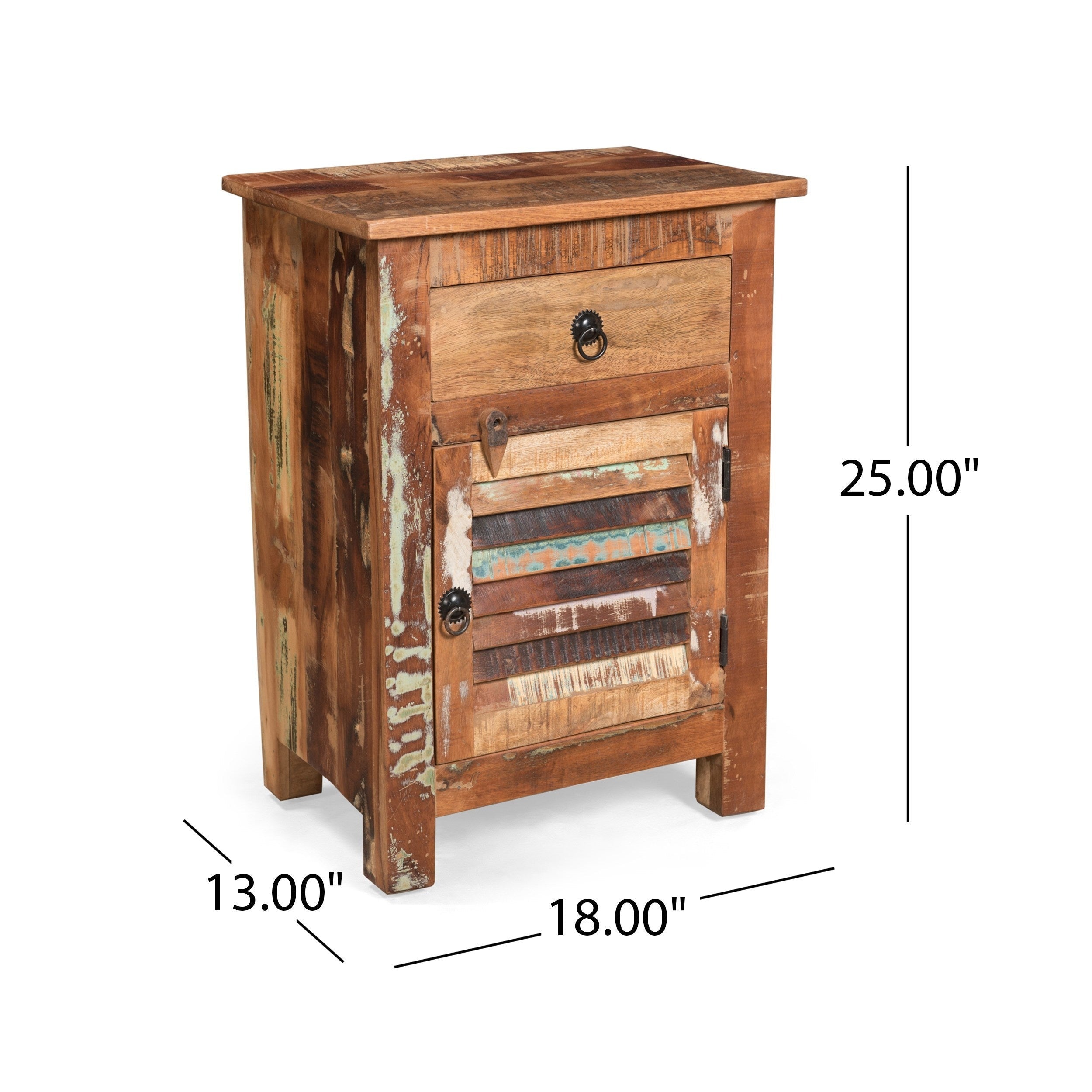 Handcrafted Recycled Wood Rustic Nightstand Side Table With Drawer Cabinet Slatted Door And Decorative Latch