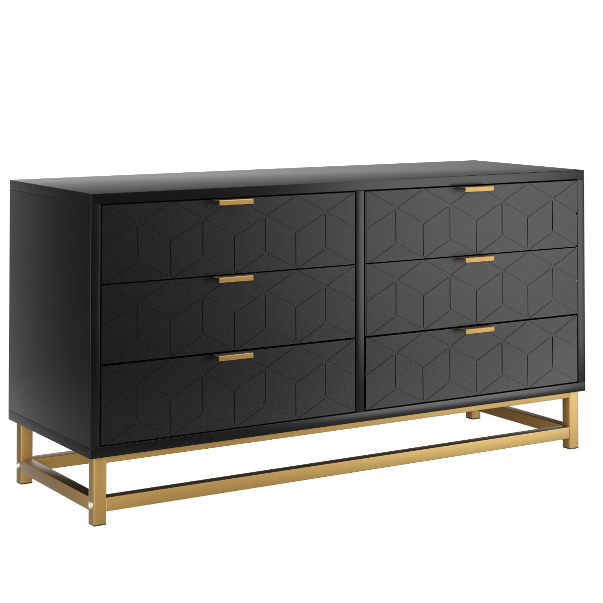 Elegant Black Dresser with 6 Drawers - Diamond Pattern Golden Handles & Base Freestanding Storage for Bedroom