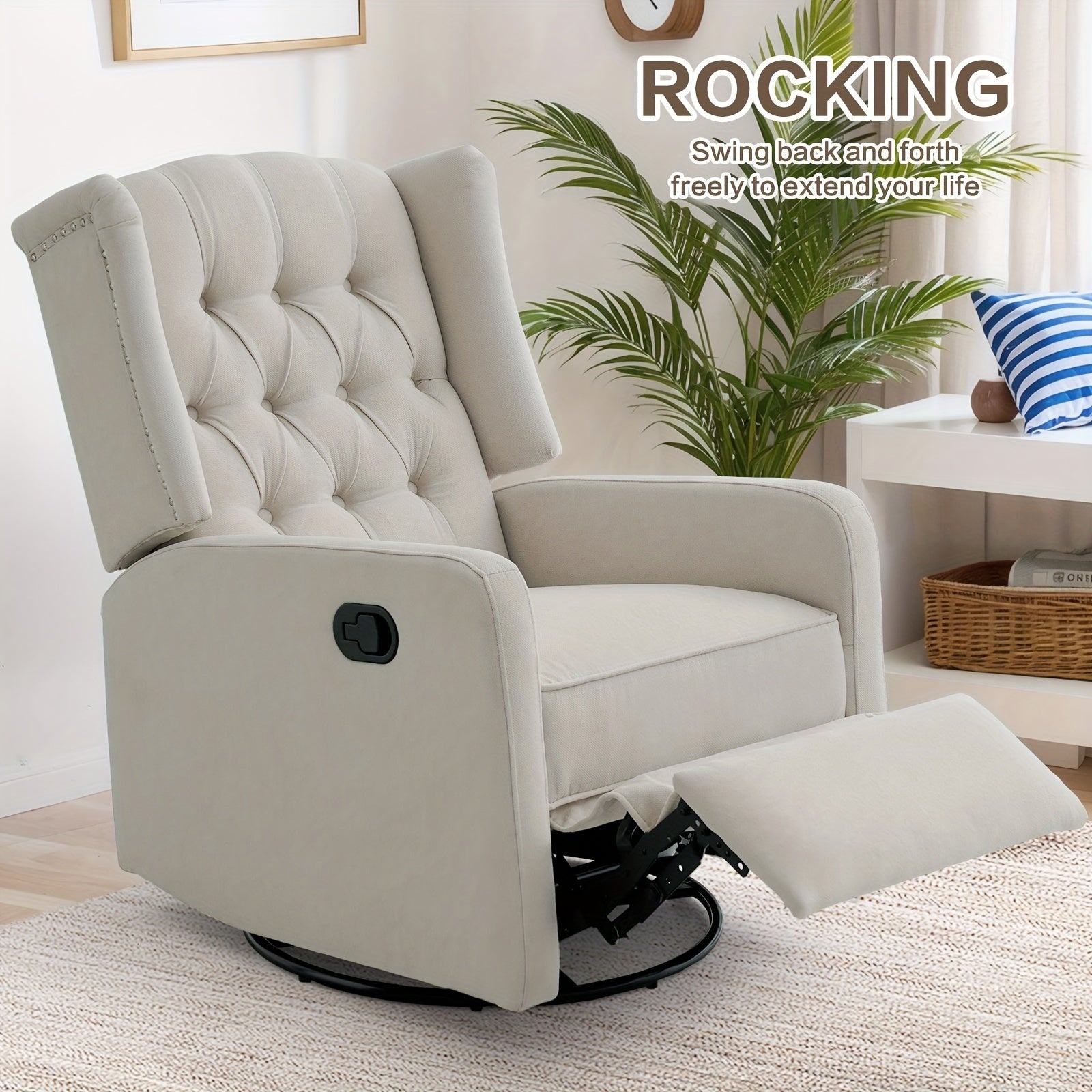 360°Swivel Recliner Chair With Extra Large Extended Footrest, Comfy Upholstered Glider Rocking Chair For Living Room, Beige