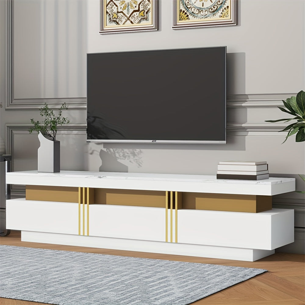 TV Stand with High Gloss Faux Marble Top for TVs Up to 78'', Rectangle Media Console with Golden Panel Design, Practical Entertainment Center with 3 Drawers for Living Room