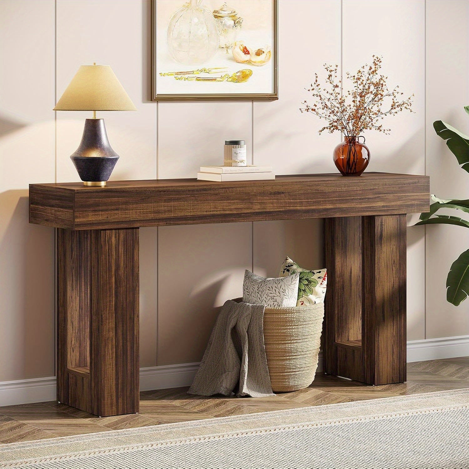 Chic 63" Long Wooden Console Table with Open Storage Space - Contemporary Farmhouse Style, Sturdy Hardwood Construction, Ideal for Entryway, Hallway, Living Room - Features Perfectly Aligned Top & Base Width