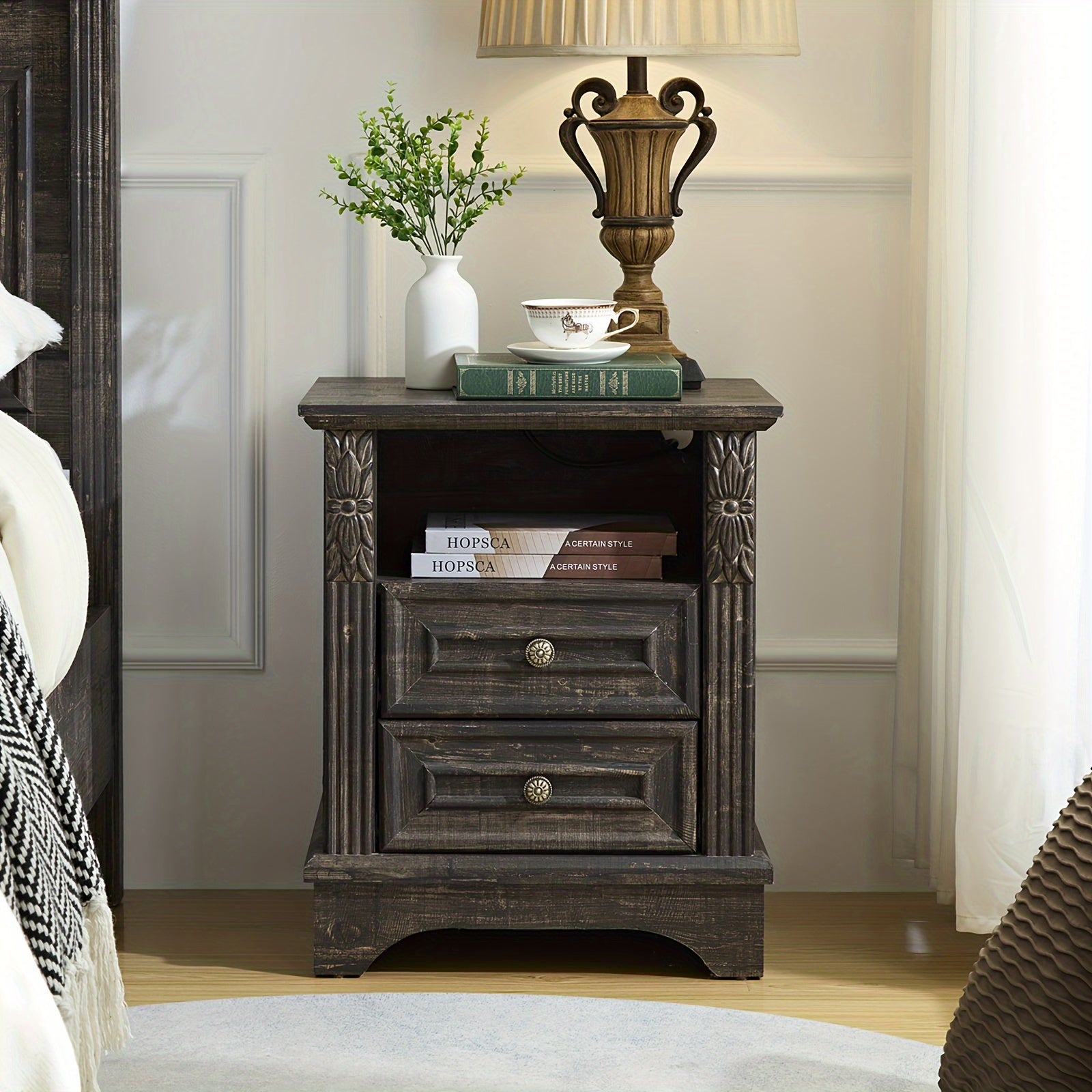 Rustic Oak Farmhouse Dresser with 5 Drawers - Tall Wooden Vanity for Bedroom, Carved Pilasters, Ideal for Closet & Hallway Storage