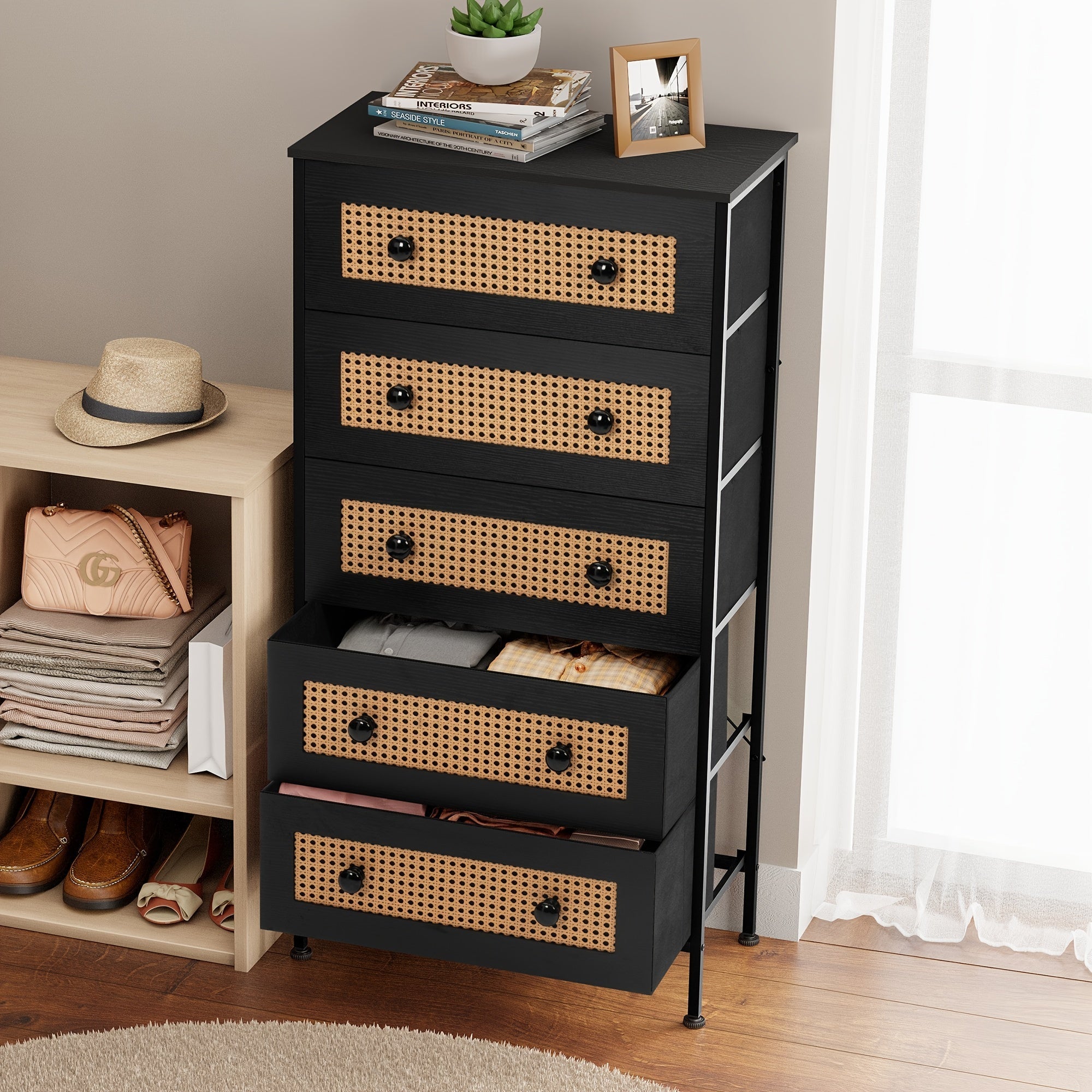 Rattan Dresser Storage Tower, Tall Fabric Dresser, Chests of Drawers, Wood Top &Wood Handles - Organizer Unit for Bedroom, Hallway, Entryway, Closets - 5 Drawers