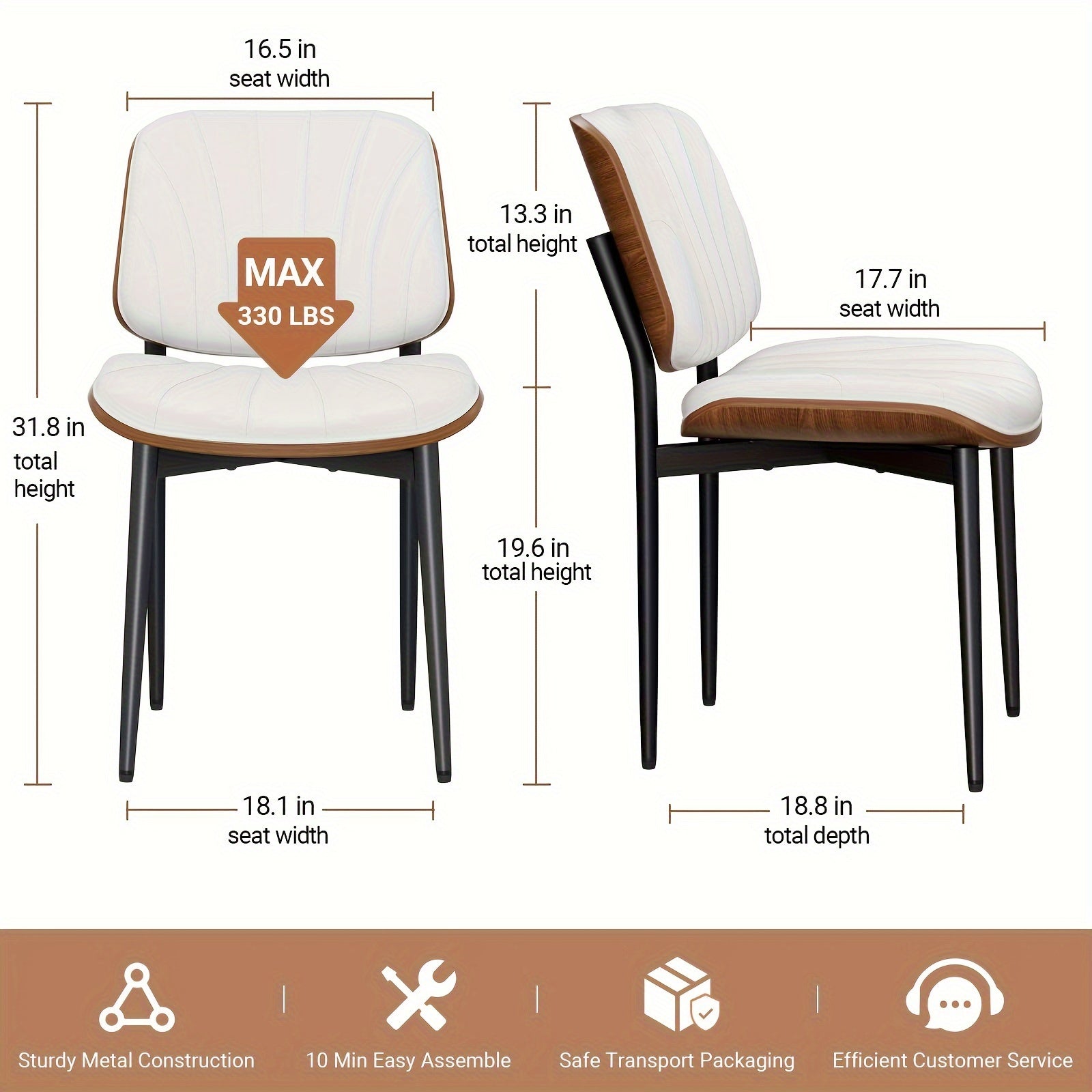 Dining Chairs Set of 2 Kitchen Chairs PU Leather Mid Century Modern Accent Chair with Back for Dining Living Room