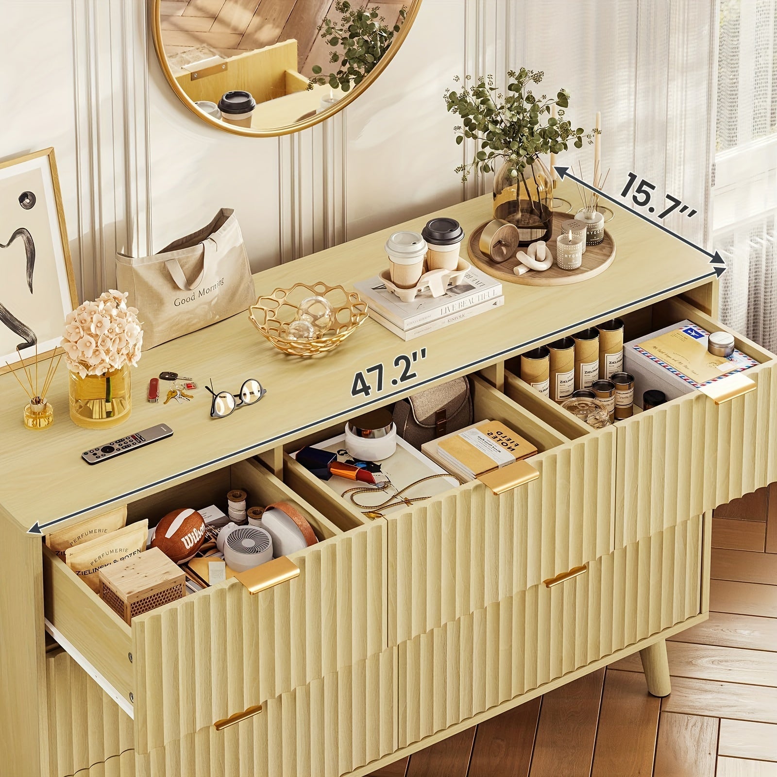 Elegant Fluted 7-Drawer Dresser 120cm Wide - Modern Minimalist Design with Waveform Fluted Panels Black/Oak Metal Frame