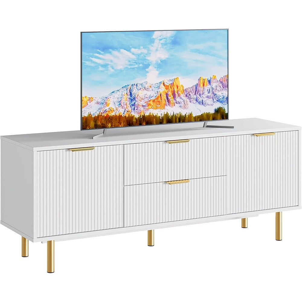 Modern White TV Stand for 65+ Inch TVs - Sleek Entertainment Center with Storage Cabinets, Corrugated Panels, and 2 Drawers & Doors, EUKER