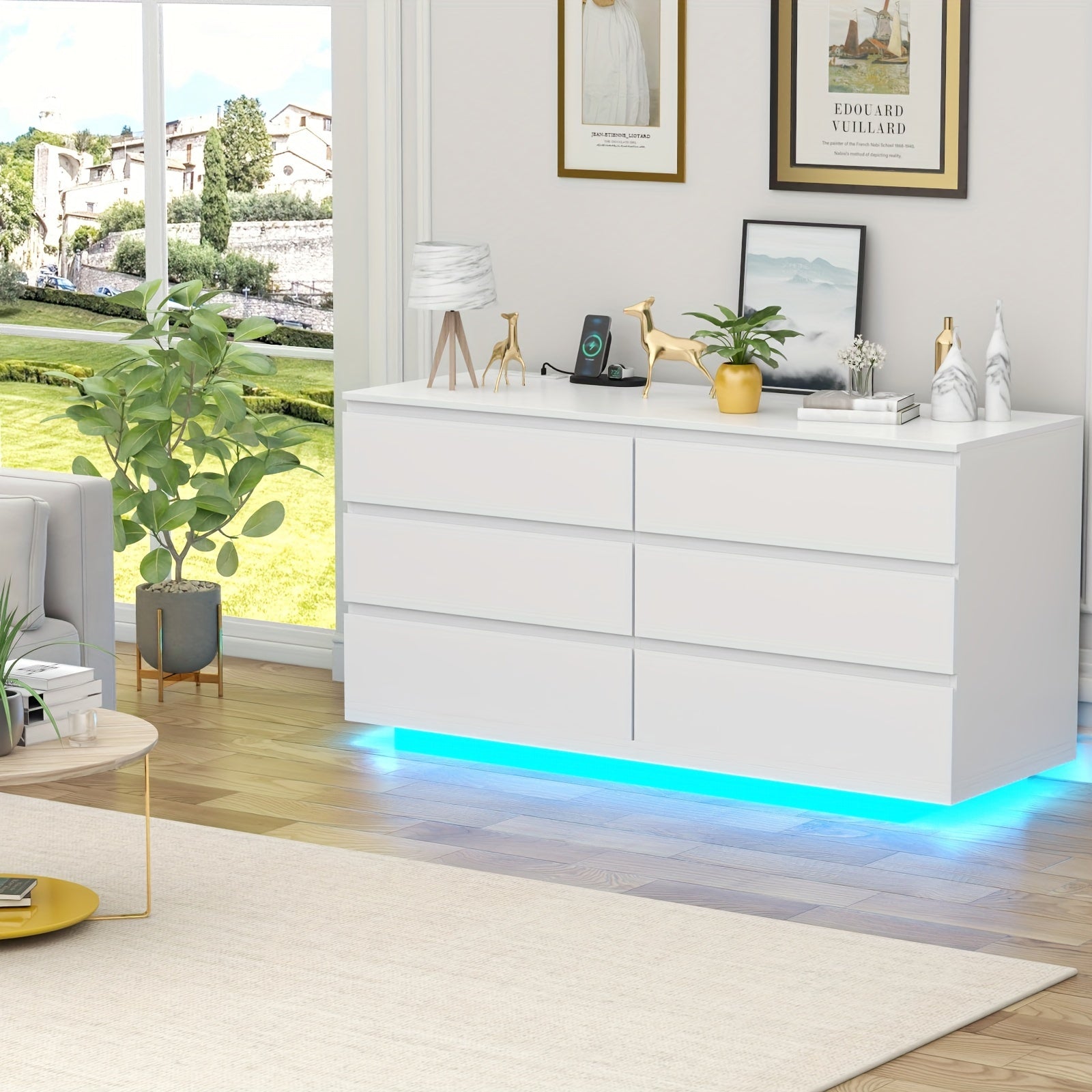 6 Drawer Dresser White Dresser with Power Outlet and LED Lights Floating Chest of Drawers for Living Room - Dresser