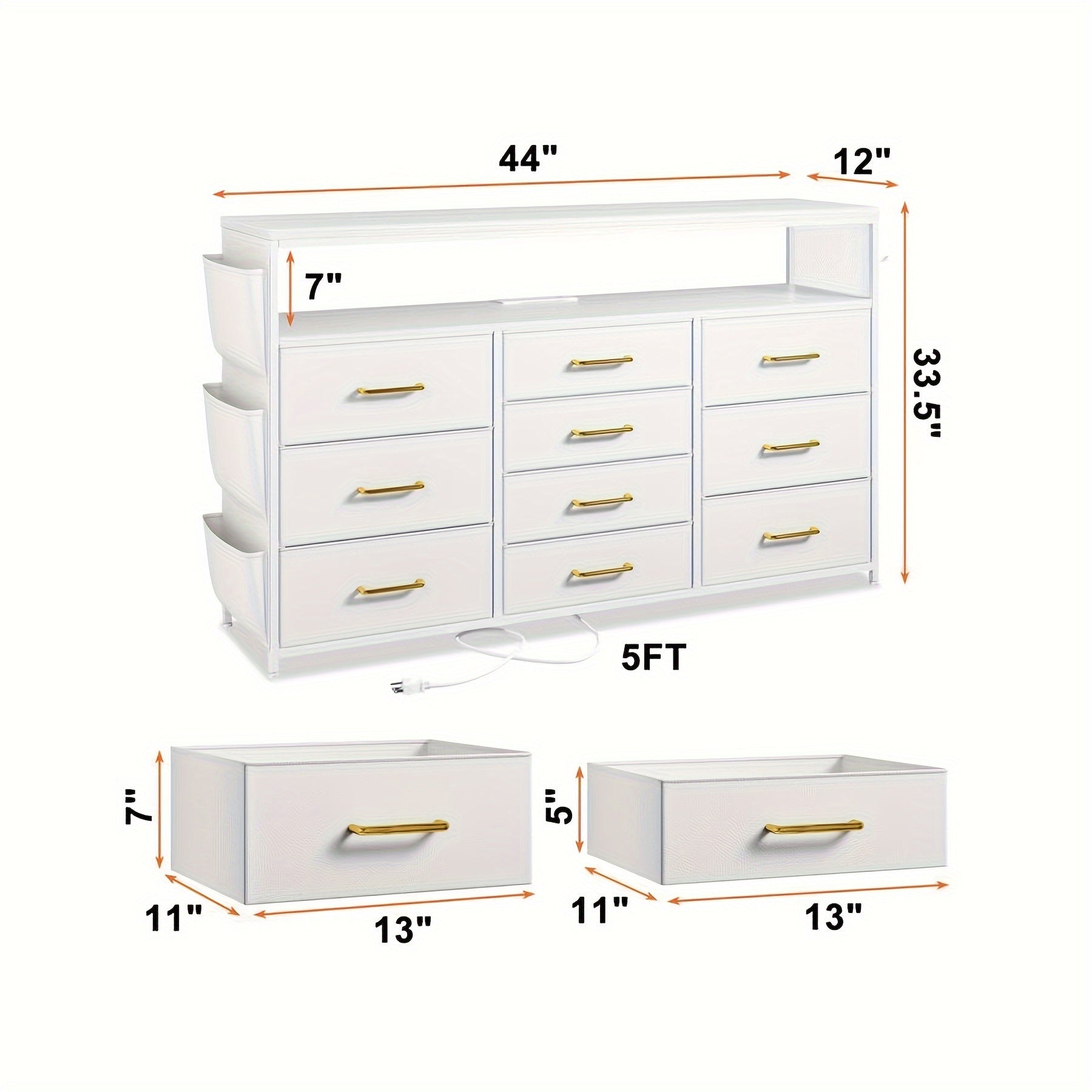 Dresser TV Stand With 10 Drawers For 140cm TV Stand For Bedroom With LED Lights & Power Outlets Wide Dresser