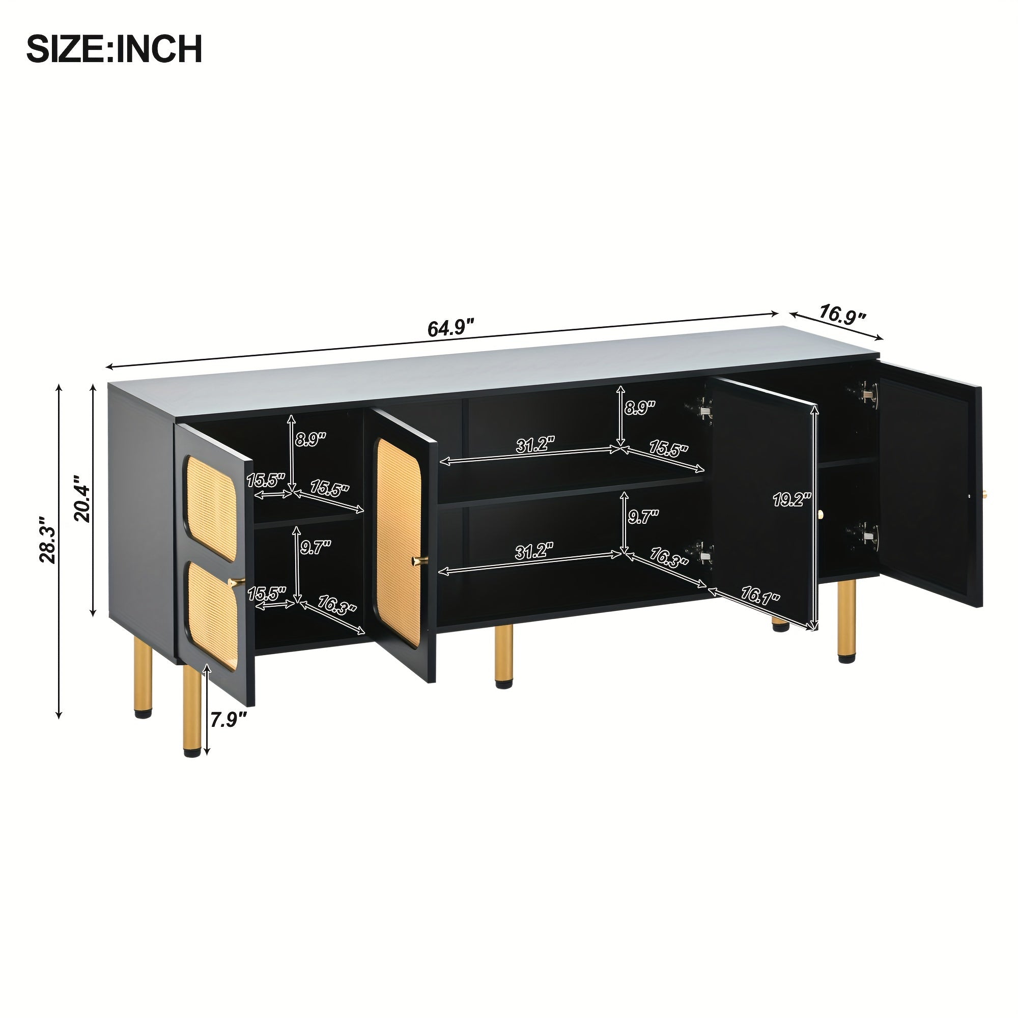 TV Stand With Rattan Door, Woven Media Console Table For TVs Up To 70'', Country Style Design Side Board With Gold Metal Base For Living Room, Black.