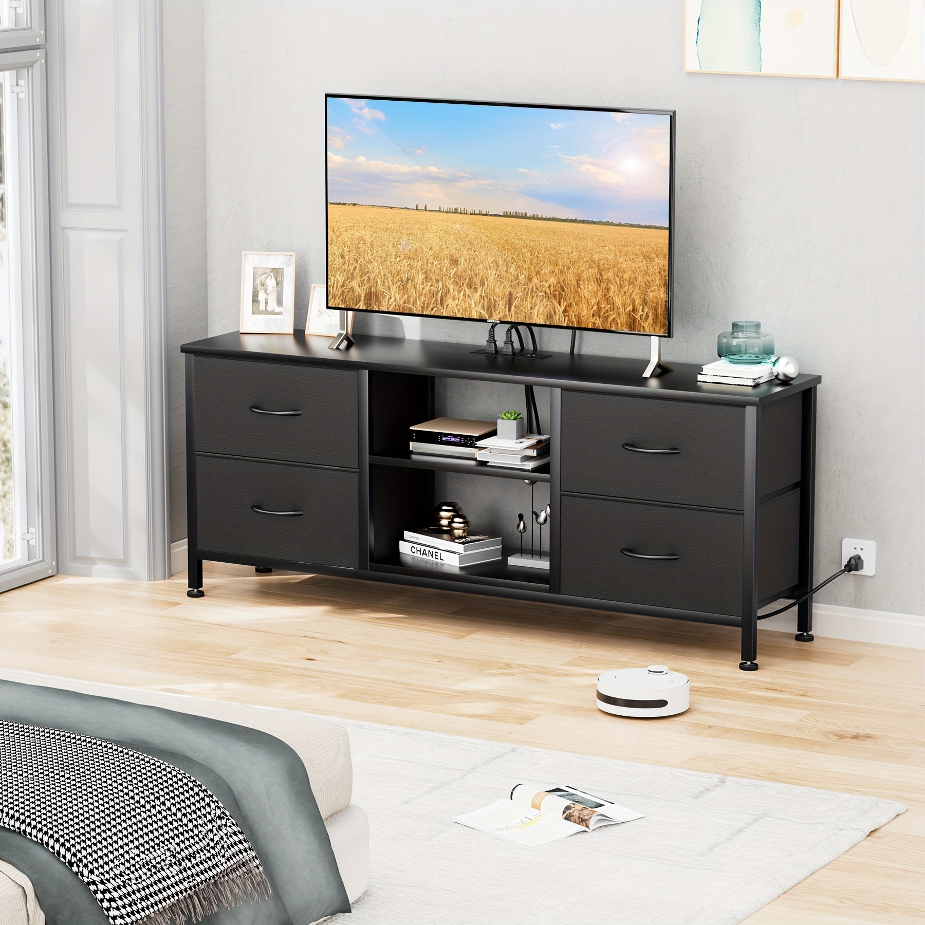 Dresser TV Stand With Power Outlet For 50'' TV, Long Dresser For Bedroom With 4 Fabric Drawers, Wide Console Table For Storage In Closet Living Room Entryway, Wood Top