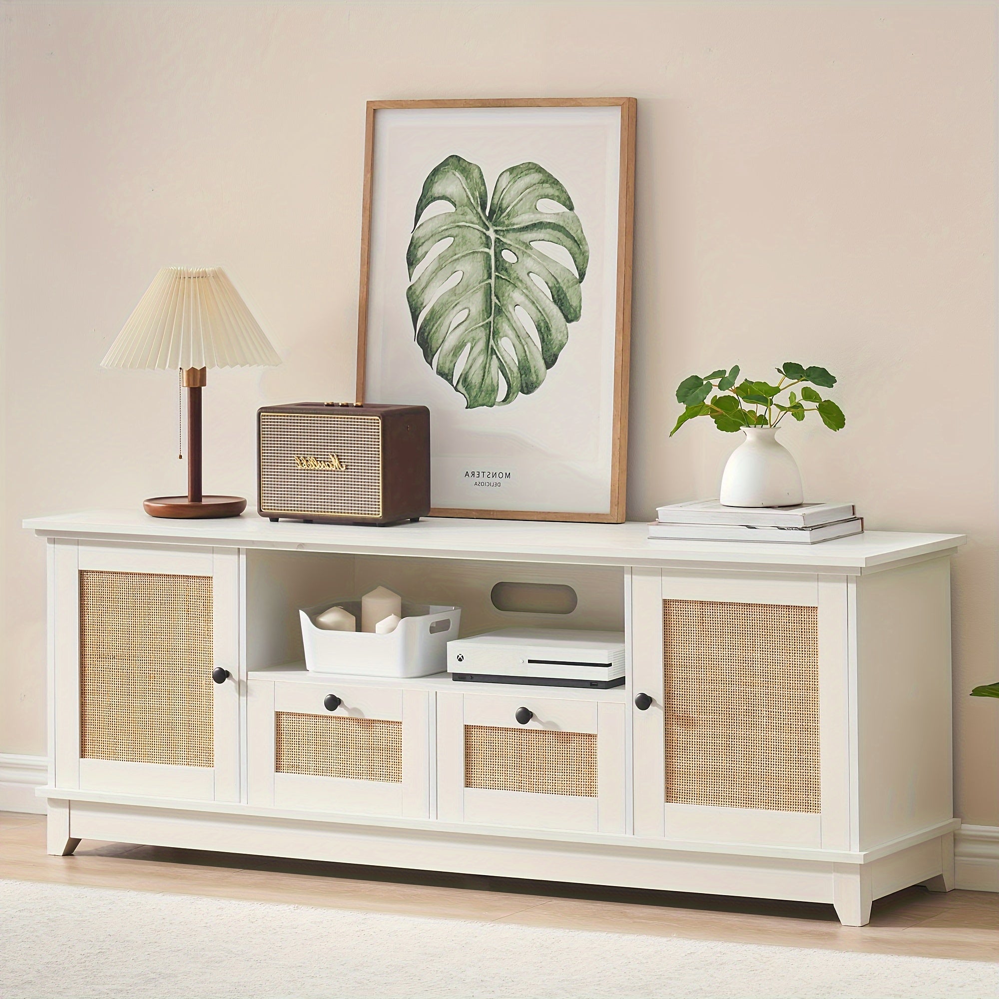 White Rattan TV Stand For 65 Inch TV, Modern Console Table With Storage For Living Room, Entertainment Center Cabinet 63 X 16 X 23 Inches, Mid Century Modern TV Stand