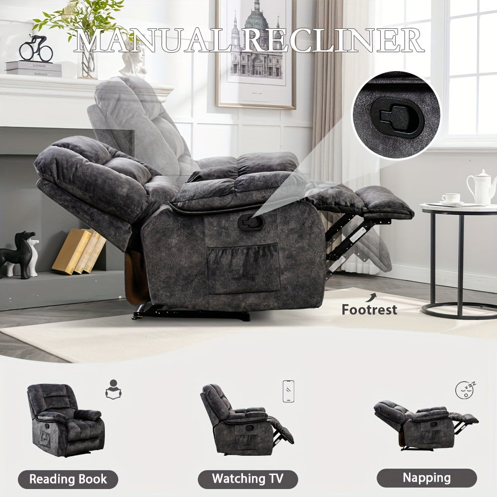 Soft Fabric Single Manual Recliner With Massage Heating, Black, Chocolate Brown, Camel