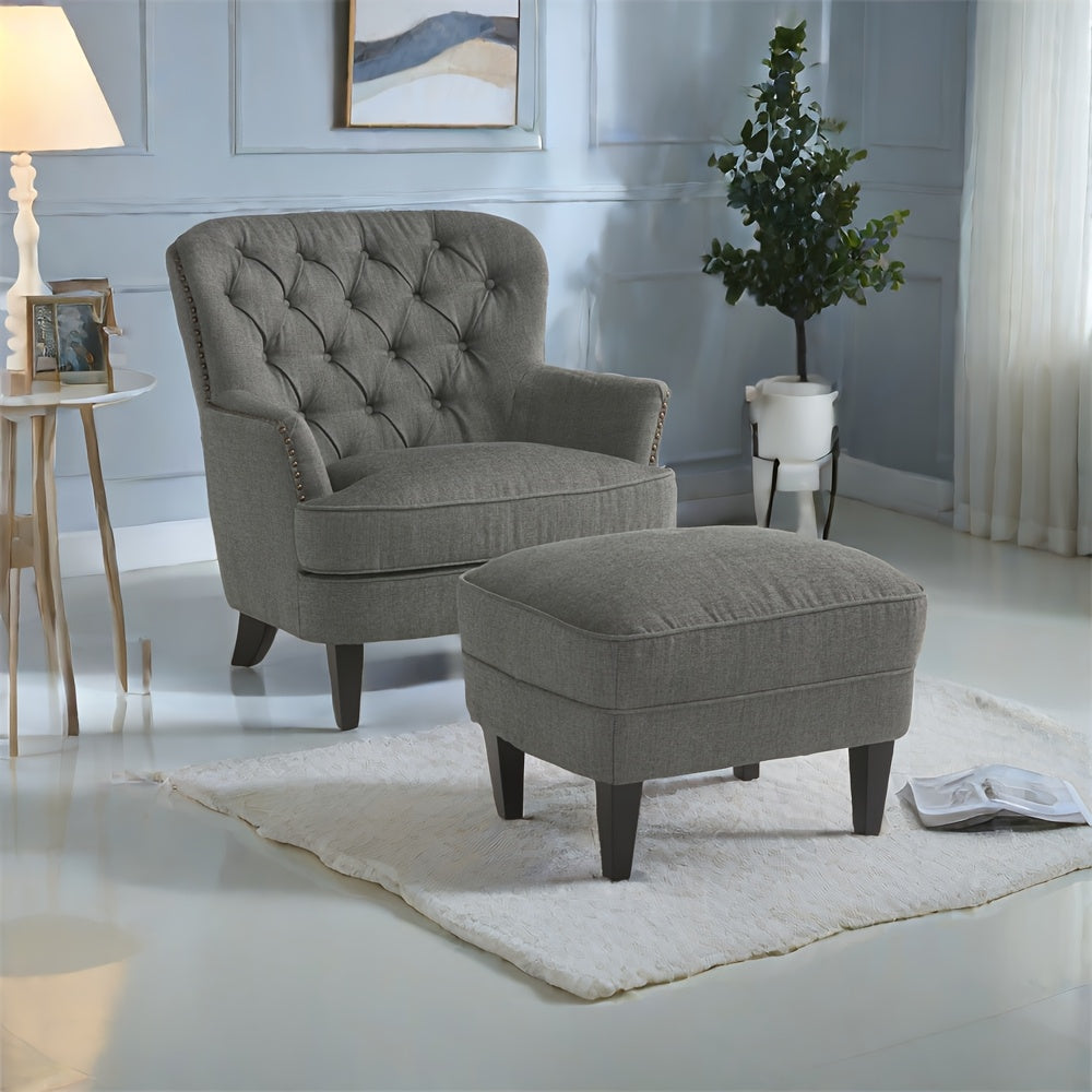 Contemporary Grey Fabric Club Chair and Ottoman Set, Stylish Upholstered Armchair with Matching Ottoman, Ideal for Modern Living Room Comfort and Style