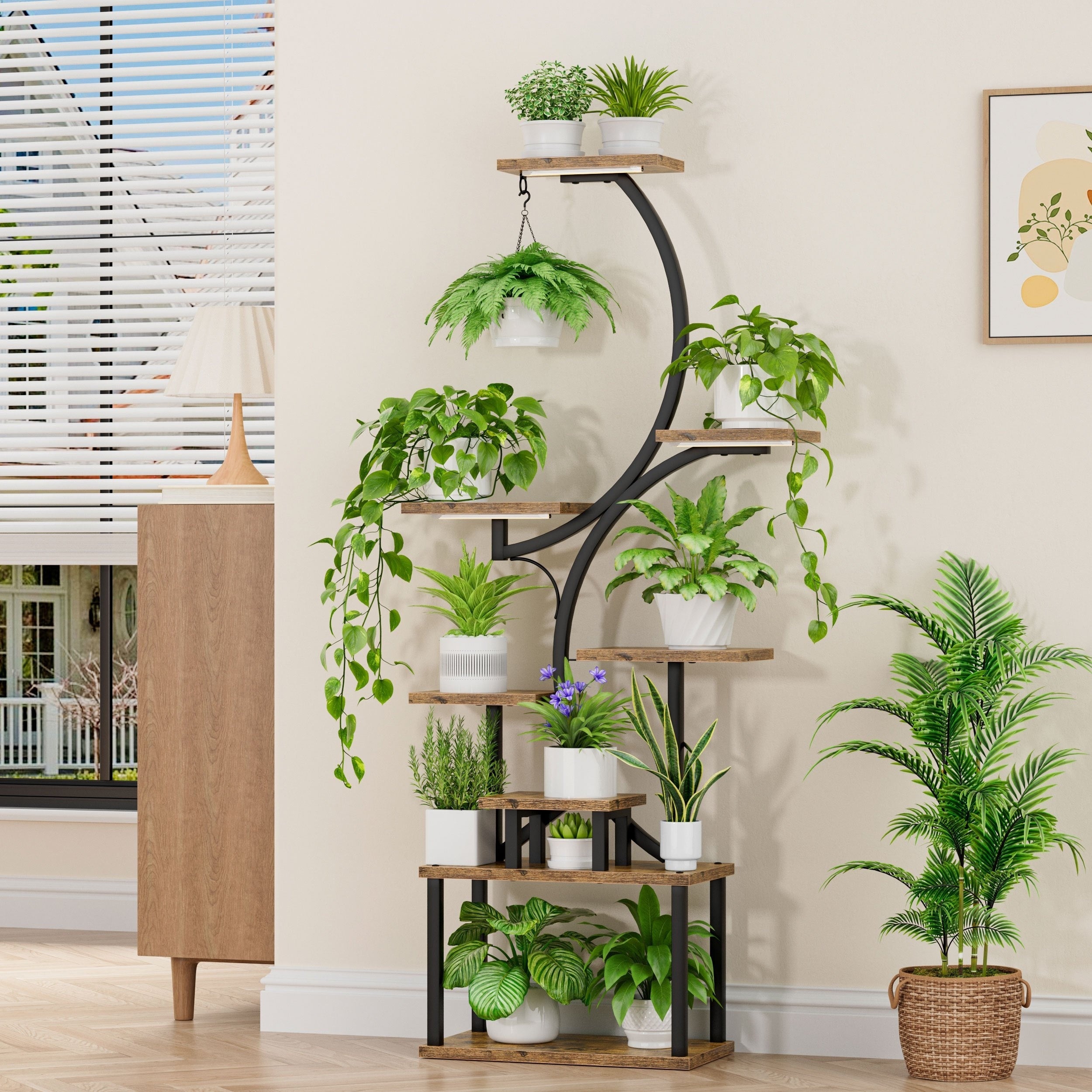 S-shaped Plant Stand Indoor With Grow Lights, 62'' Tall 8 Tiered Large Metal Household Plant Flower Stand With Thickened Wooden Boards, Multi Functional Display Stand, Suitable For Terraces, Balconies, Living Rooms, Courtyard