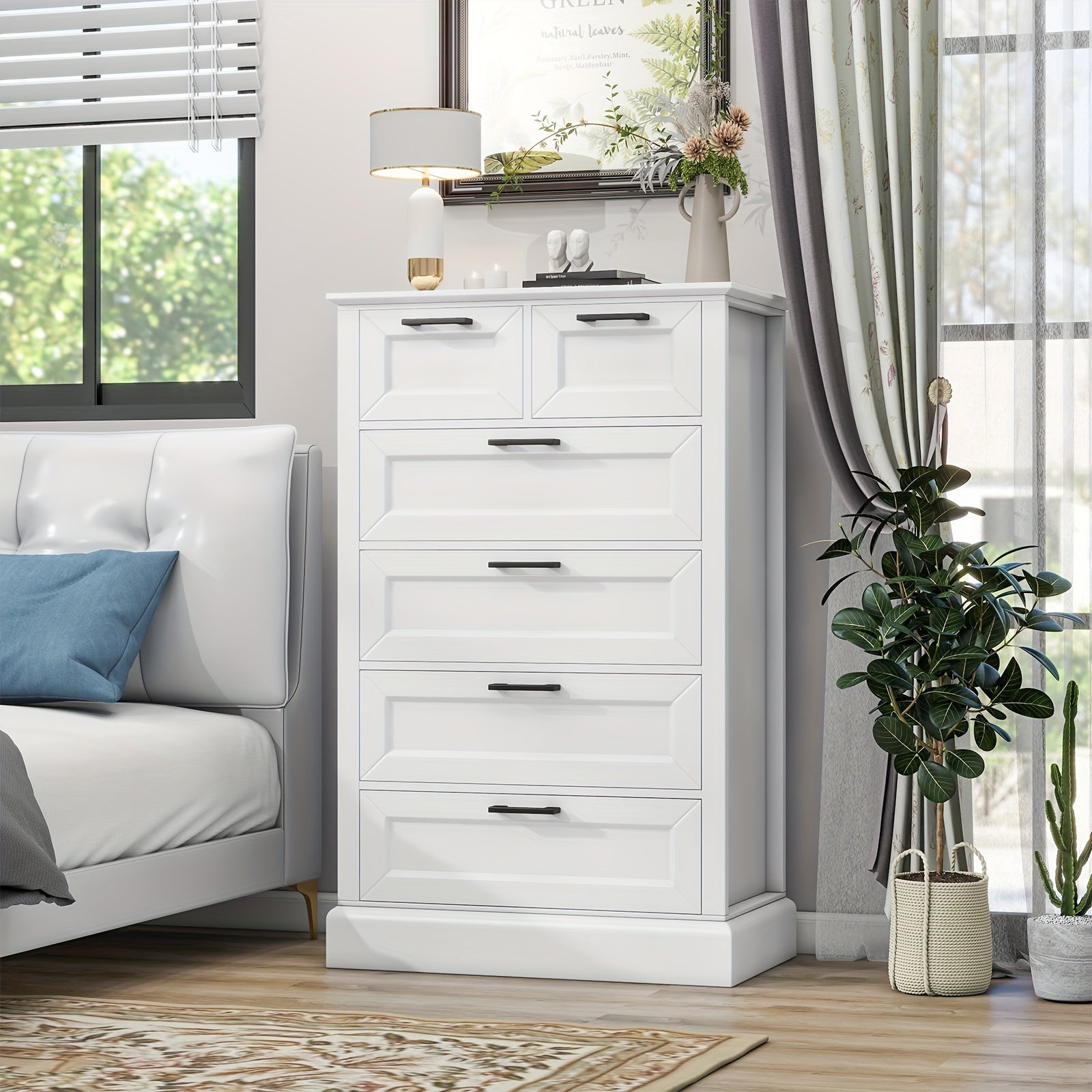 White 6 Drawer Dresser, 47'' Tall Modern Vertical Chest Of Drawers With Painted Wood, Storage Dressers For Bedroom, Living Room, Hallway, Entryway, White