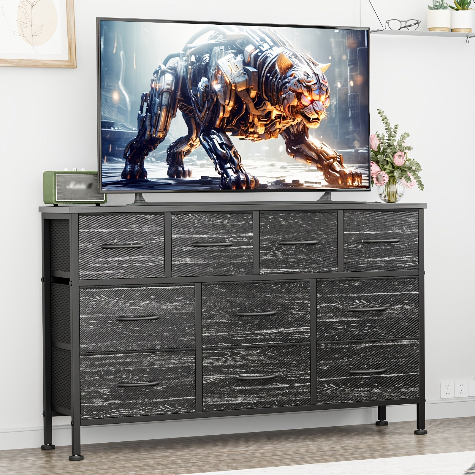 10 Drawer Dresser For Bedroom, Dresser TV Stand With Power Outlet, Entertainment Center Chest Of Drawers For 55'' Long TV, Dresser For Storage And Organization