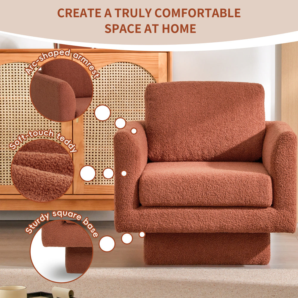 1pc Ergonomic Swivel Accent Chair, 360° Modern Design, 30" W Teddy Sherpa Round Armchair, Thick Foam Filled Upholstered Barrel Chair, Solid Back, Manual Recliner, Velvet Fabric, Hardwood Frame, for Living Room, Nursery, Bedr