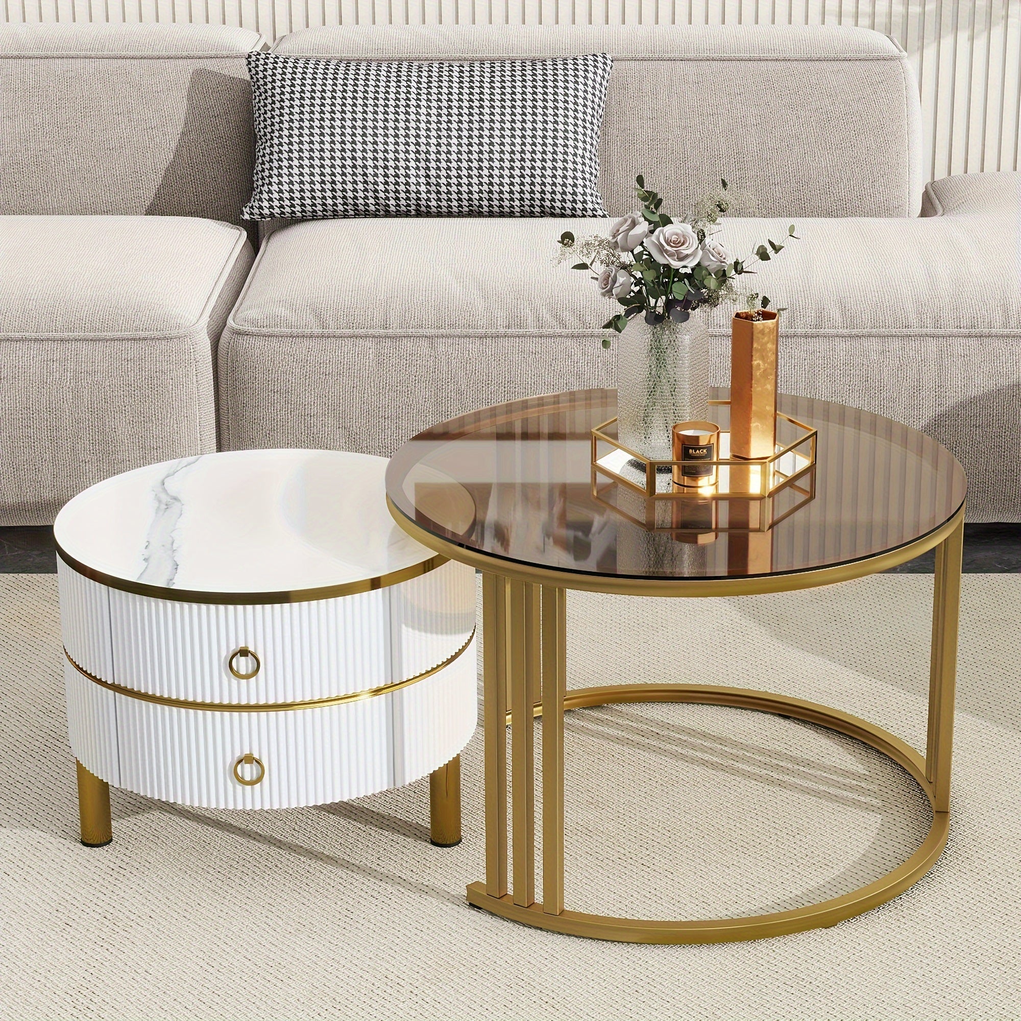 2-Piece Stackable Coffee Table With 2 Drawer Set With Brown Tempered Glass And High-Gloss Marble Top, 2-Piece Living Room Round Center Table, Patio Table, White, Gold, Black, Modern, Pop Storage