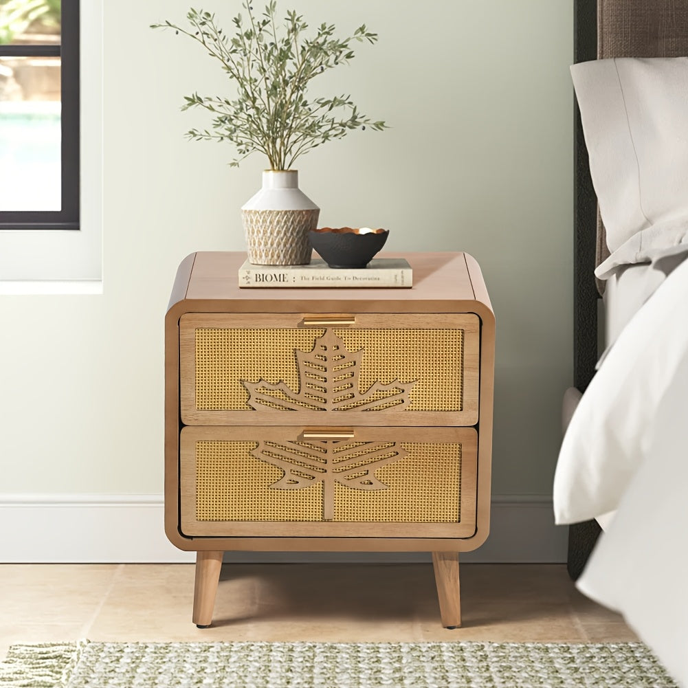 Mid-Century Modern Nightstand] Mid-Century Modern Nightstand with Rattan Accents and Maple Leaf Carving Solid Wood