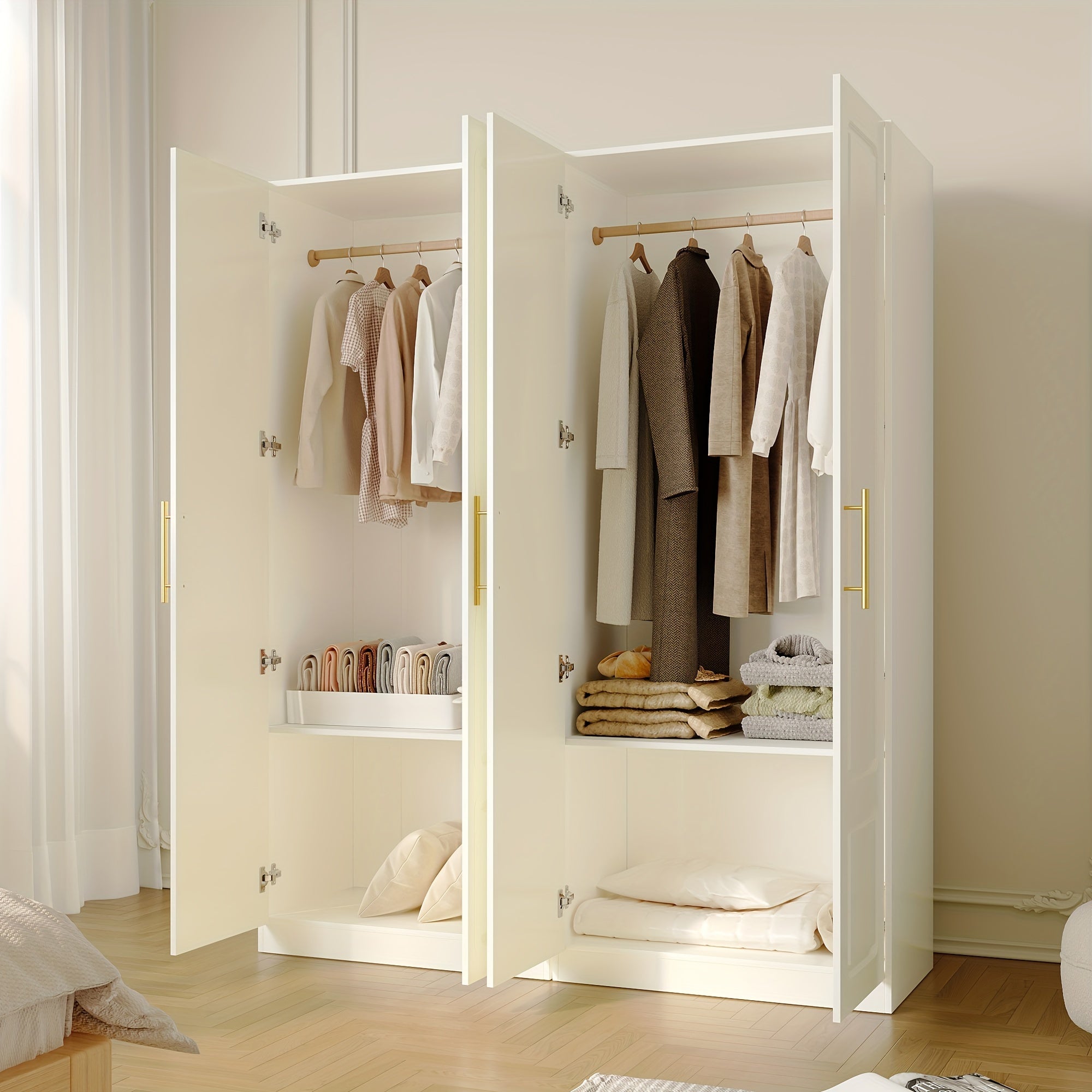 Modern Wardrobe, White Floor Storage Cabinet with Hangers, Spacious and Versatile, Efficient Storage Easy to Install, Dimensions: 19.5" D x 31.5" W x 76.4" H, Portable Closets