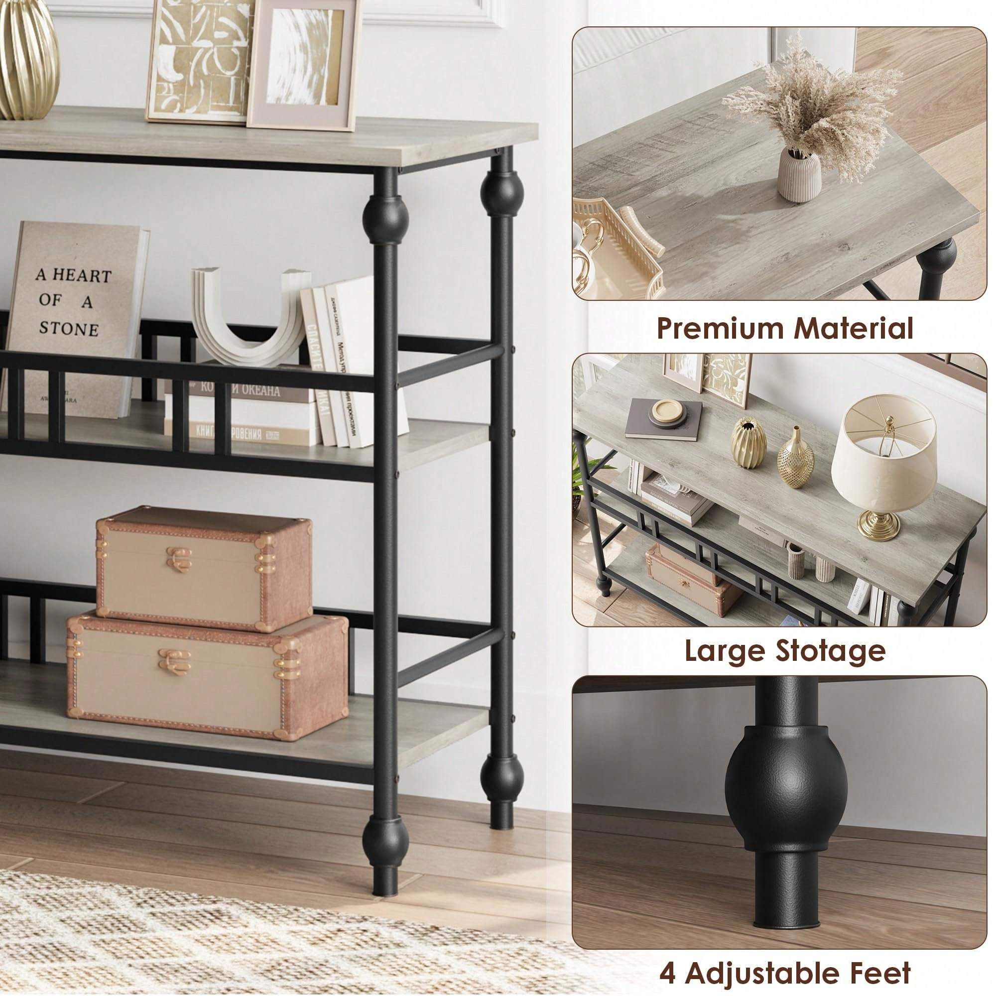 Console Table, 3-Tier Sofa Tables Narrow Entryway Table With Storage, 43" Behind Couch Table Industrial Hallway Table Home Furniture For Living Room, Foyer, Bedroom