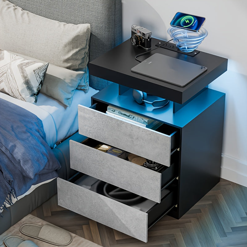 2PCS/ 1PC LED Nightstand Modern White Nightstand With Led Lights Wood Matte Led Bedside Table Night Stand With 2 High Gloss Drawers For Bedroom 20.5" Tall