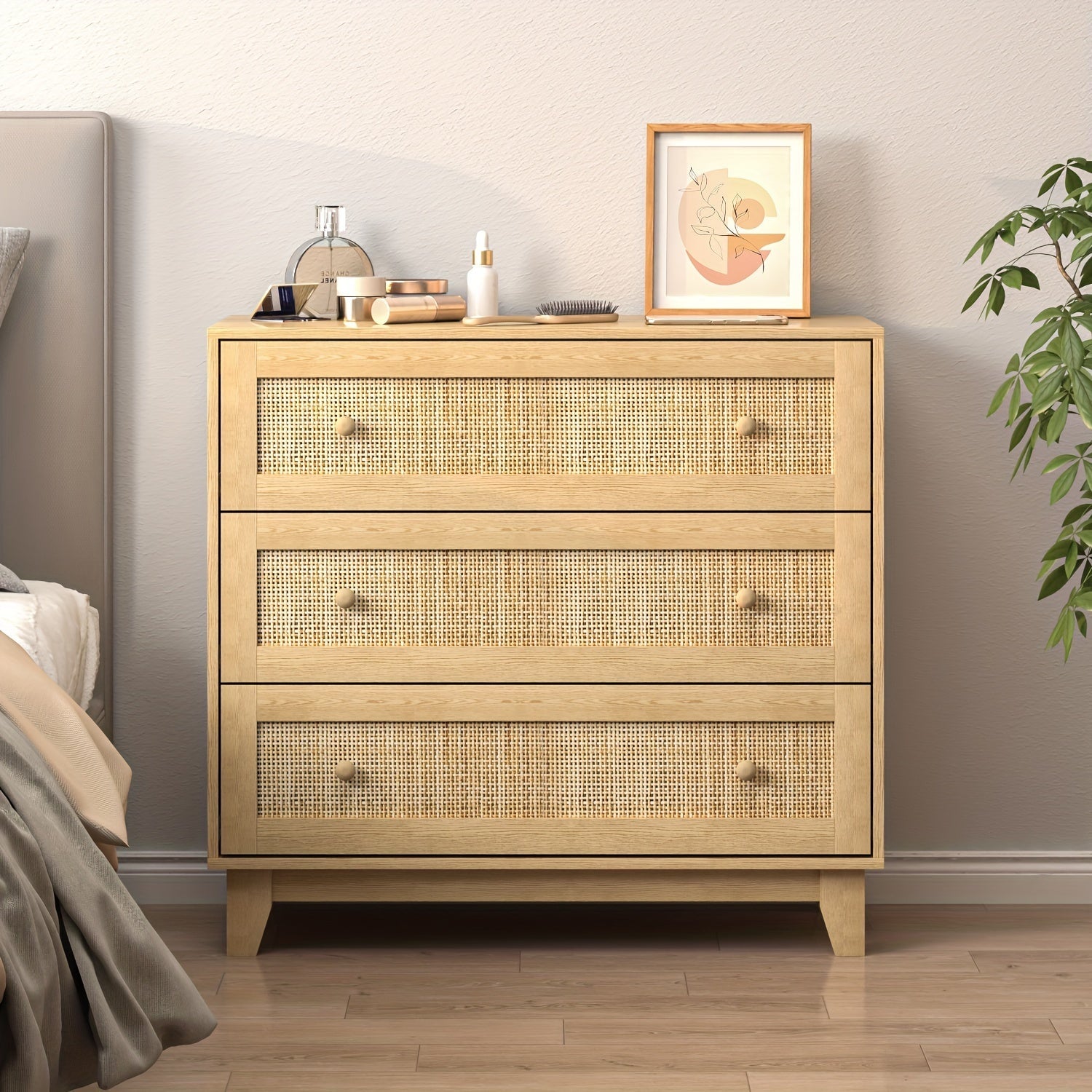 Rattan Drawer Dresser with 3 drawers Boho Small Chest of Drawers- Large Storage and Sturdy Contruction Natural Rattan