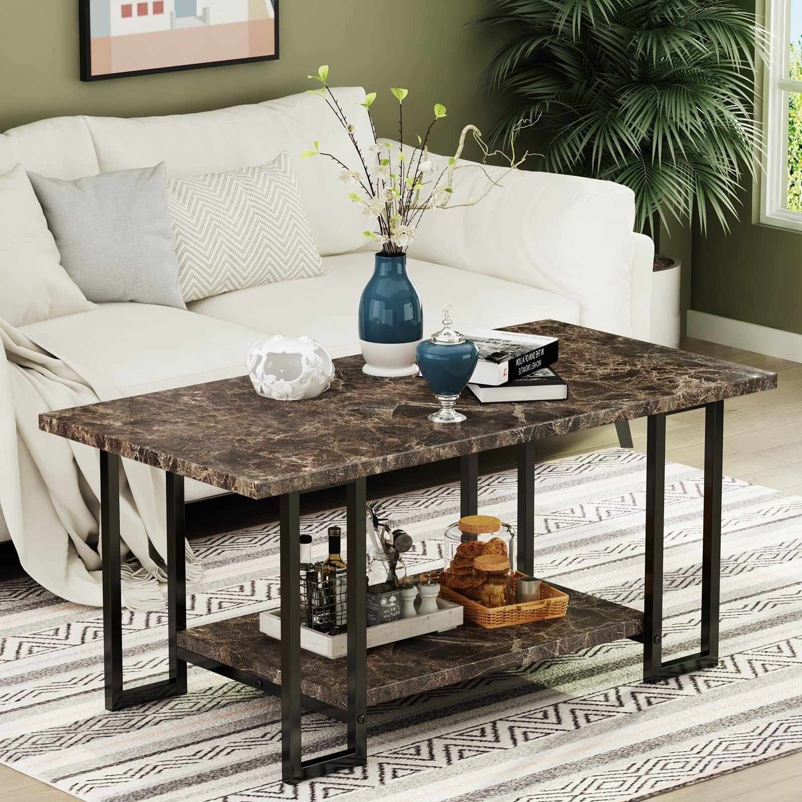 Modern Marble Coffee Table with 101cm Artificial Stone Rectangular Top, Metal Frame, Double Design, Multi-Color Option for Living Room, Office and Balcony