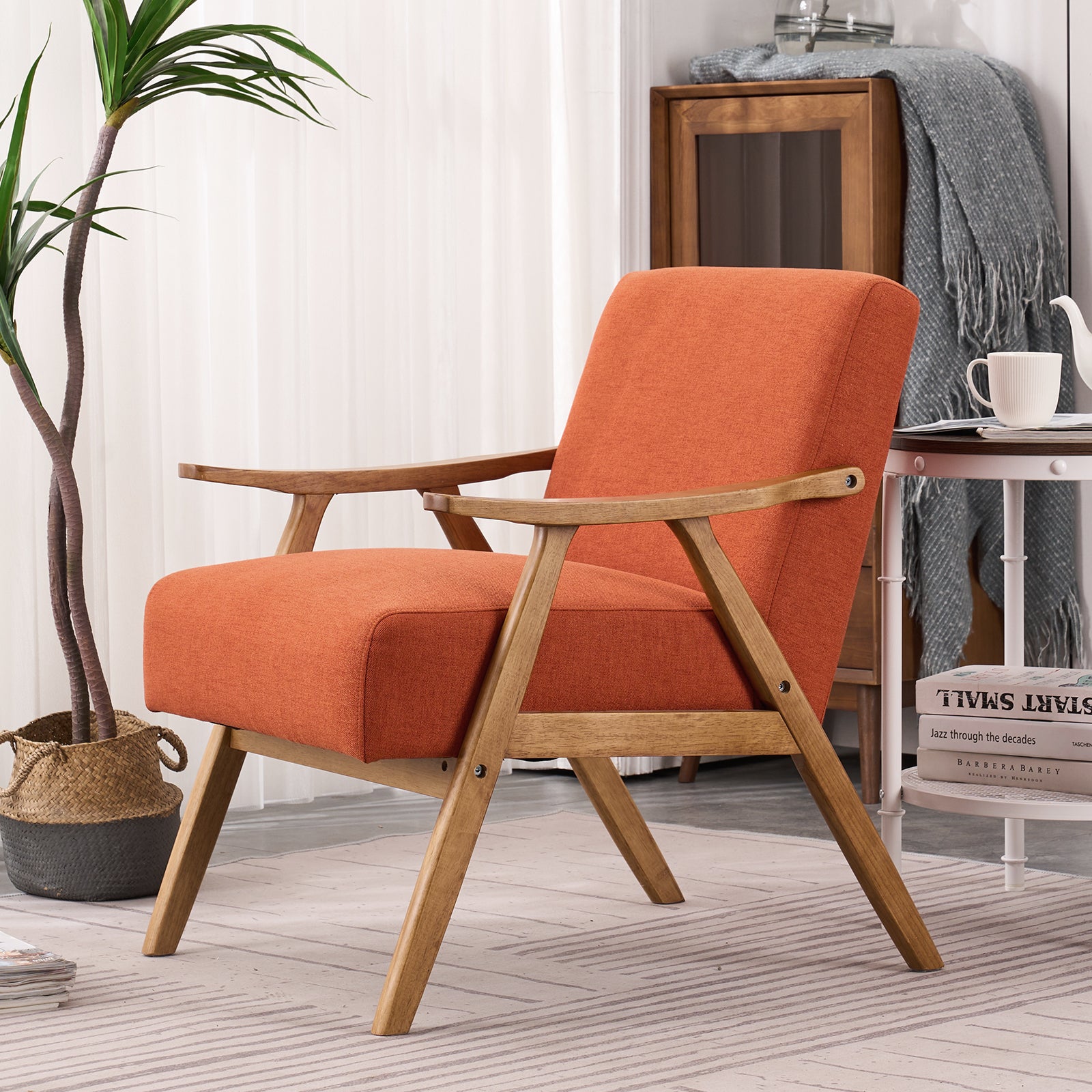 Mid-Century Retro Modern Upholstered Lounge Chair Fabric Accent Chair Sturdy Wooden Frame Armchair