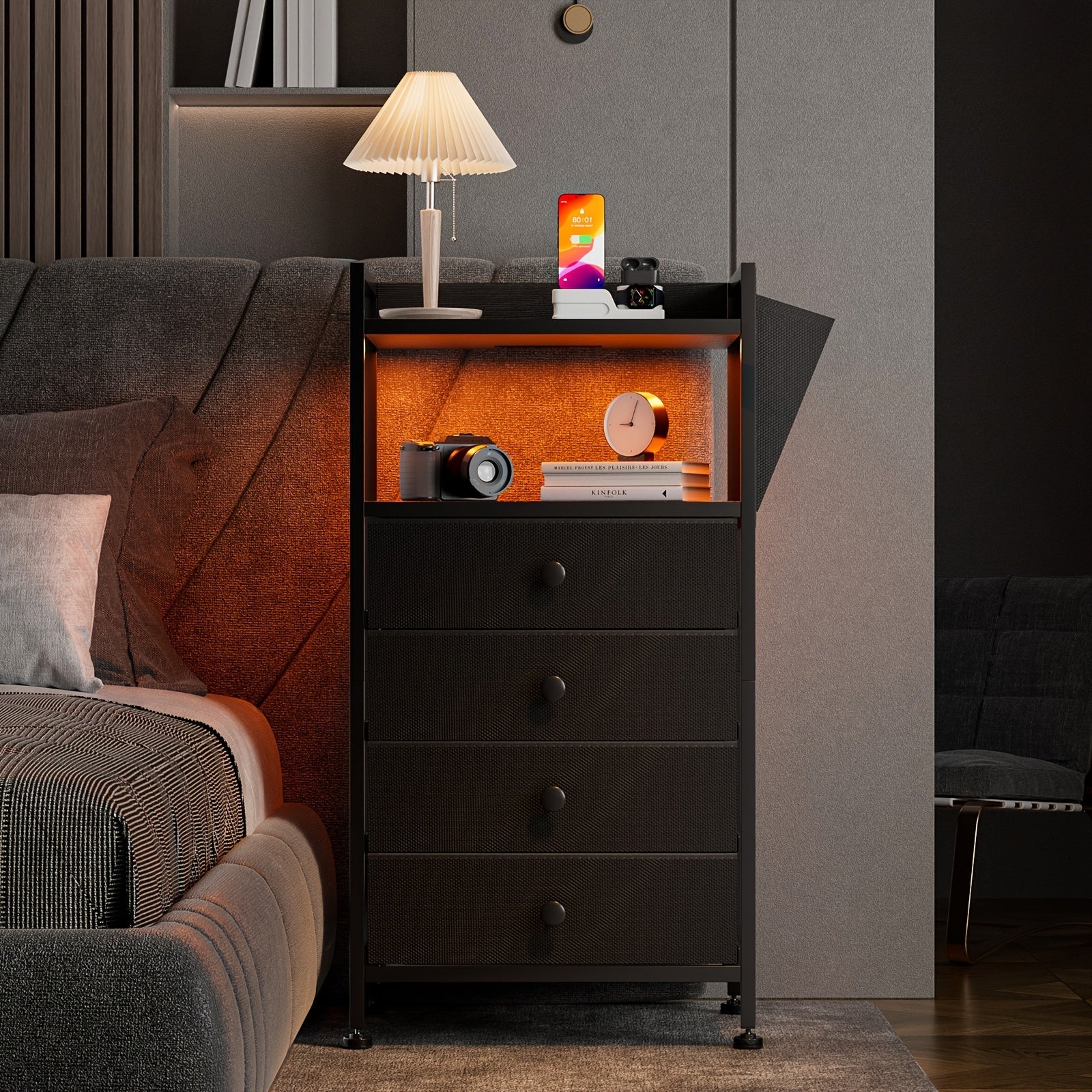 Black Nightstand With Charging Station, LED Nightstand With 4 Fabric Storage Drawers, Small Dresser For Entryway, Hallway, Bedroom, College Dorm Furniture Tall Nightstand Bedside Table