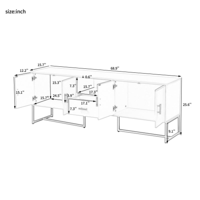 Modern TV Stand for TVs Under 70 Inches, with 1 Drawer, 2 Cabinets and Metal Legs