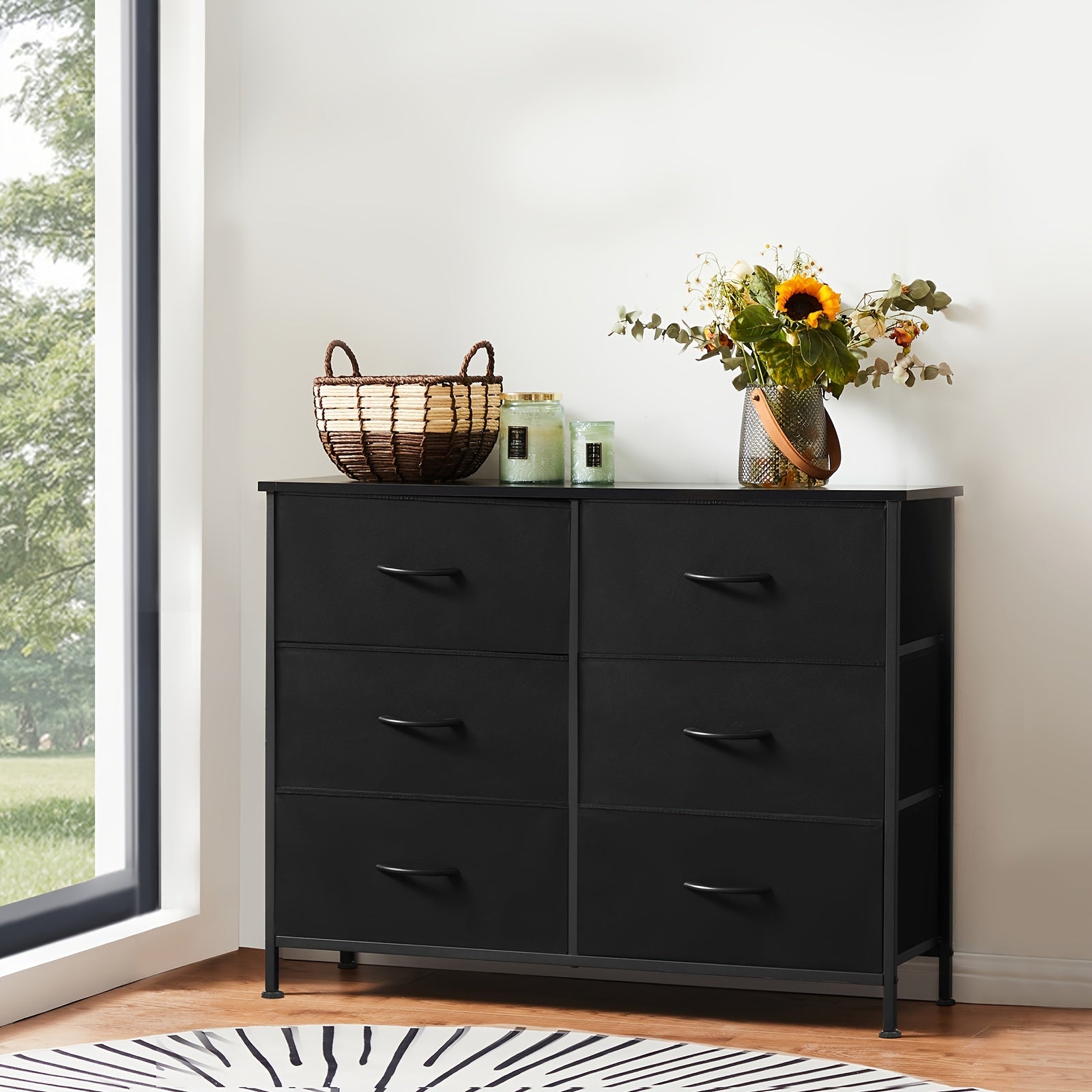 1pc/2pcs 6-Drawer Fabric Storage Tower Dresser Wooden Top TV Stand For 114cm Screen Chest Of Drawers With Fabric Bins