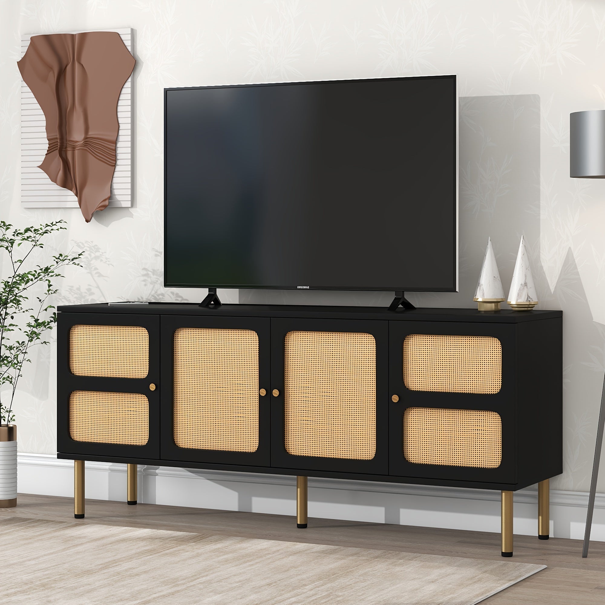 TV Stand With Rattan Door, Woven Media Console Table For TVs Up To 70'', Country Style Design Side Board With Gold Metal Base For Living Room, Black.