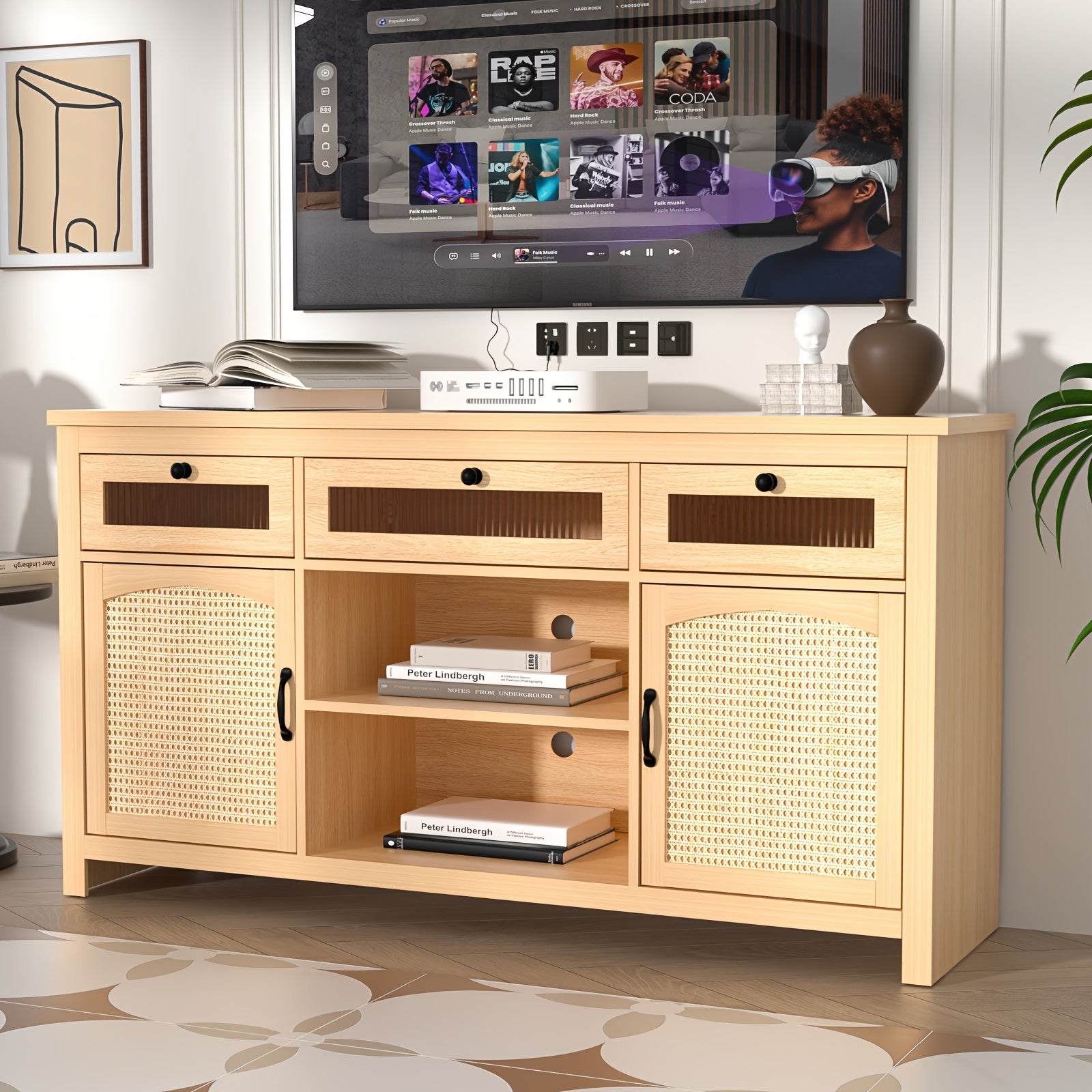 Boho-Chic 59" Rattan TV Stand with LED Backlight - Contemporary Wooden Media Console for Living Room, Bedroom | Includes Storage Cabinets & Drawers | Durable MDF Top | Versatile Use